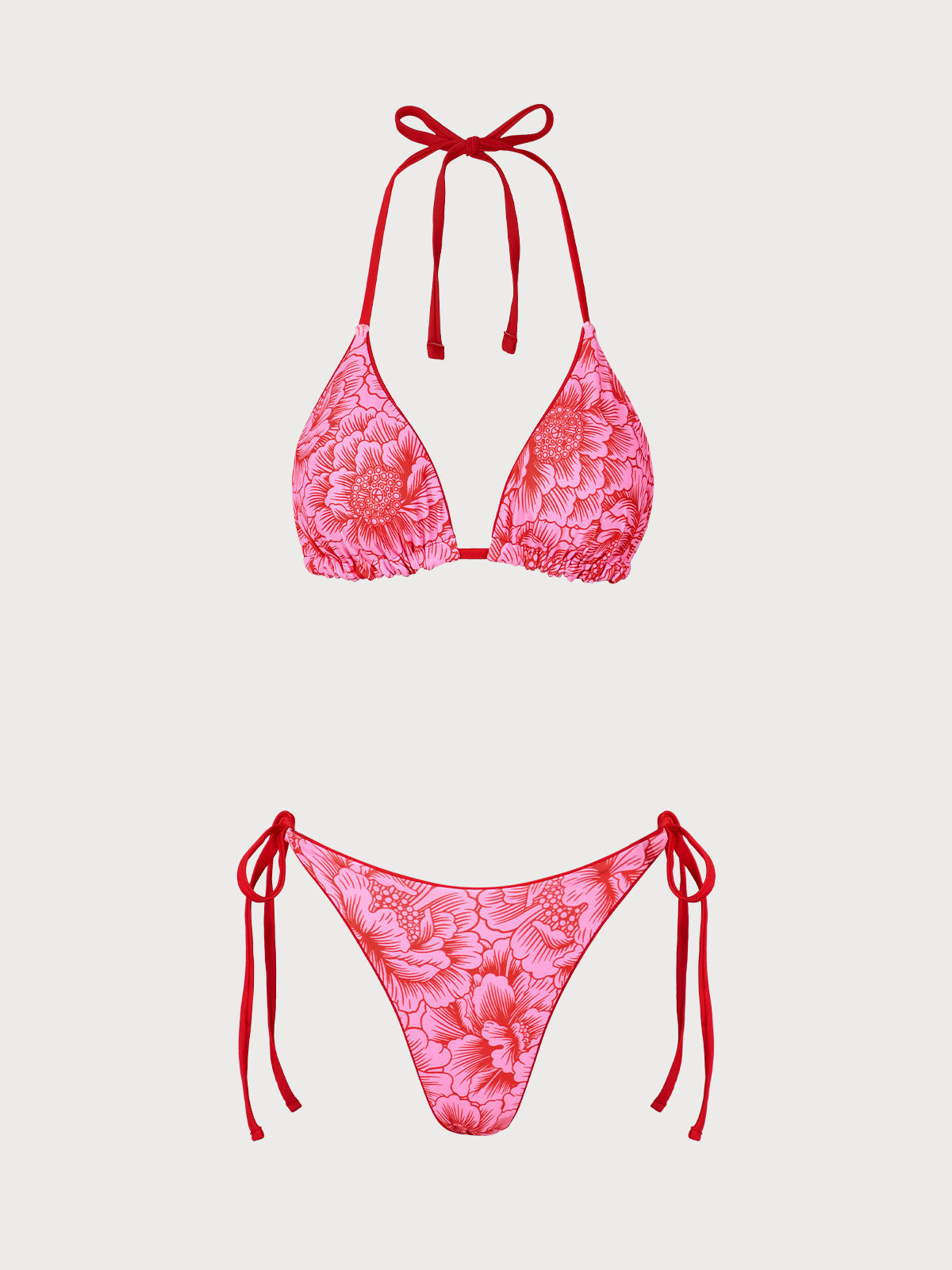 Red Floral Reversible Triangle Bikini Set