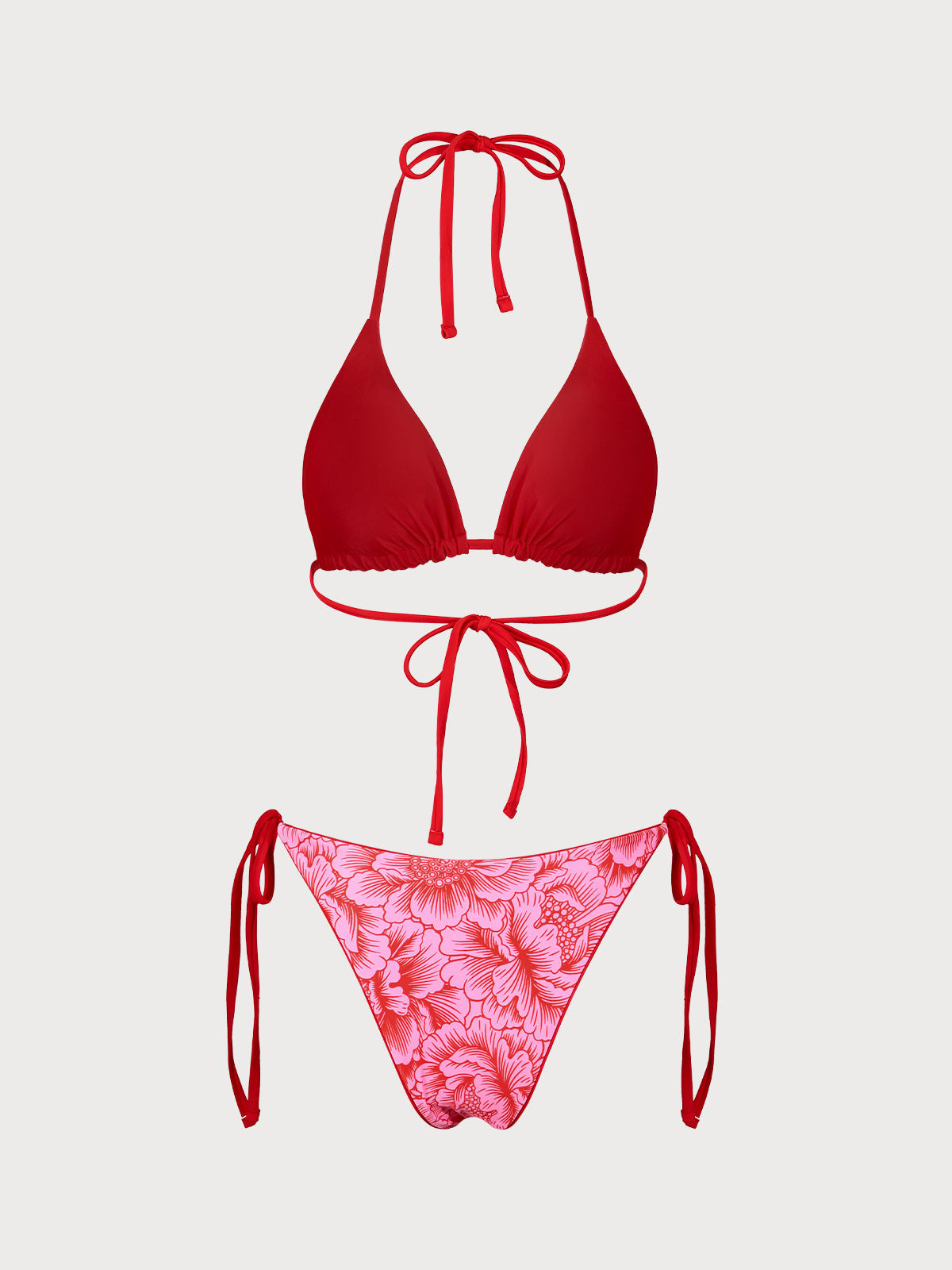 Red Floral Reversible Triangle Bikini Set