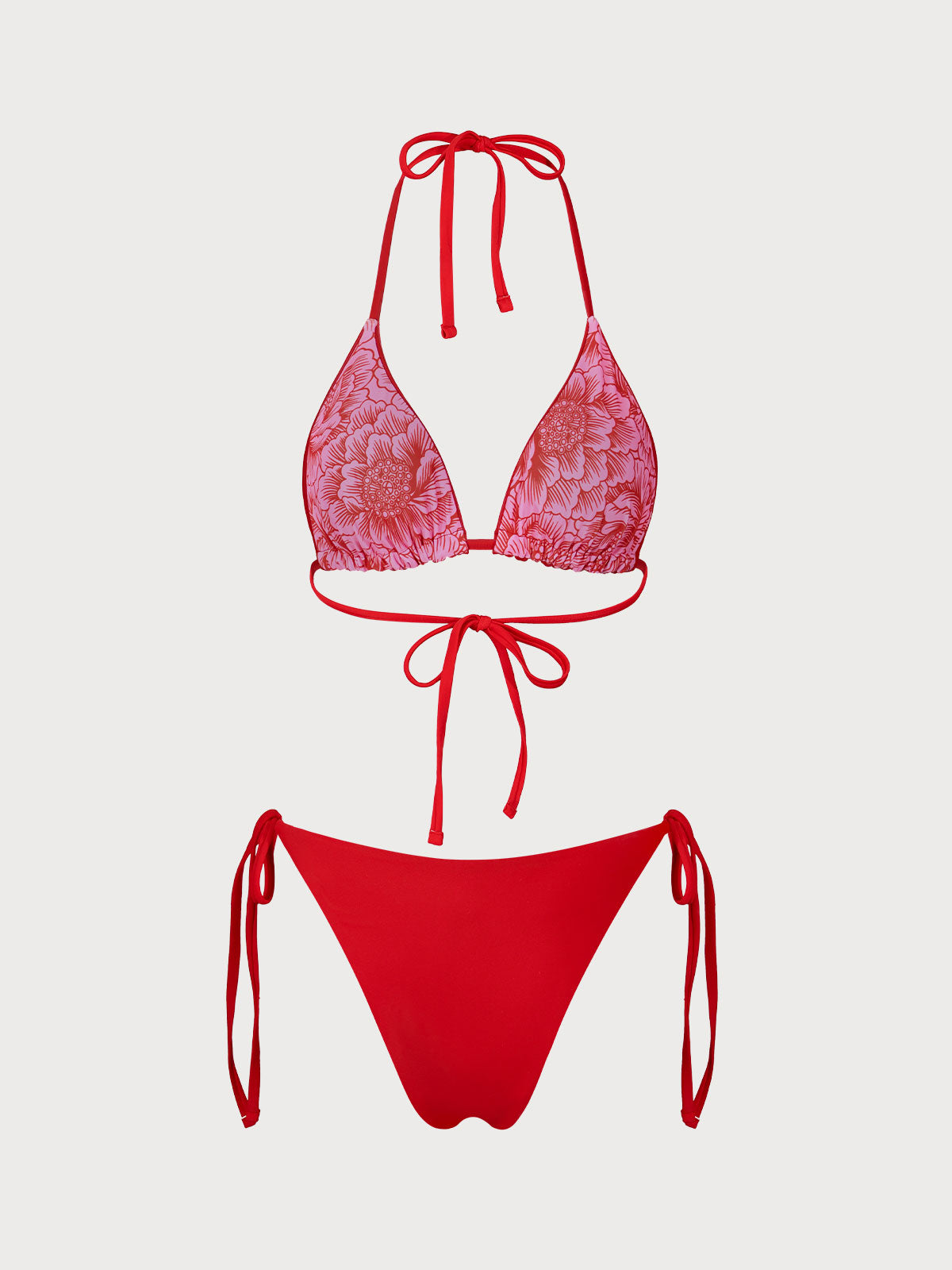 Red Floral Reversible Triangle Bikini Set