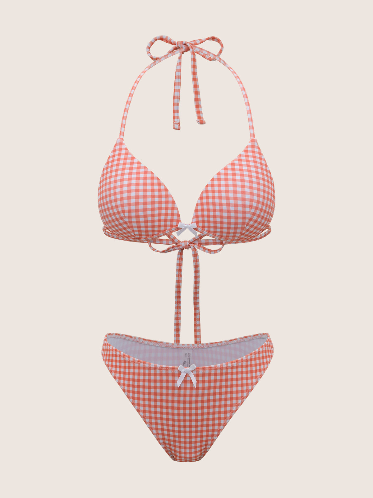 Polyester Check Bow Bikini Set For Women Light Orange Bikinis - SAMIOLSWIM