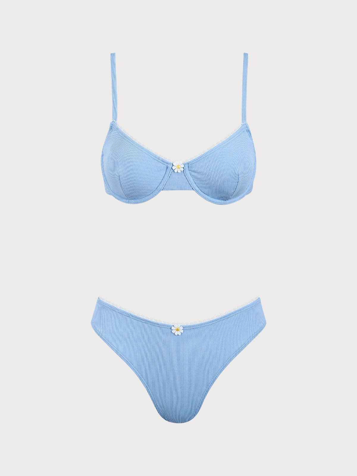 Polyester Knitted Daisy Underwire Bikini Set Light Blue Bikinis - SAMIOLSWIM