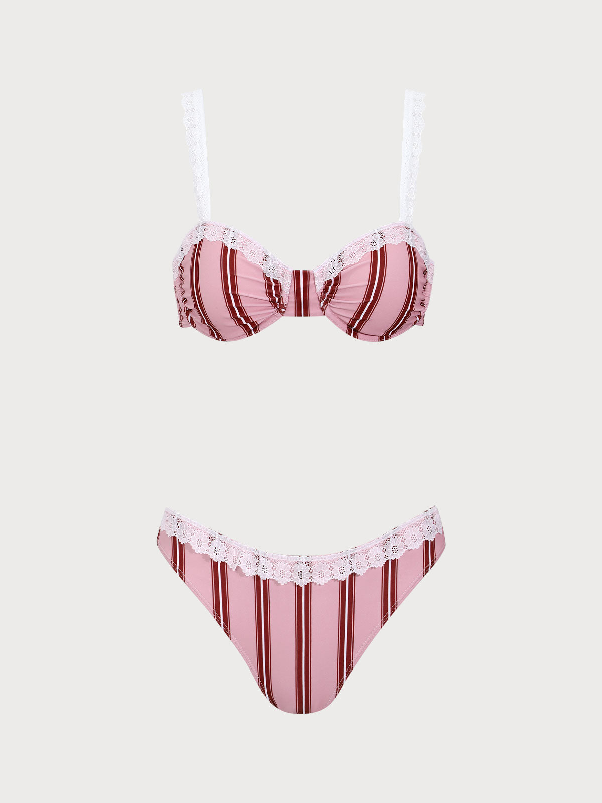 Polyester Knitted Striped Printed Underwired Lace Bikini Set Pink Bikinis - SAMIOLSWIM