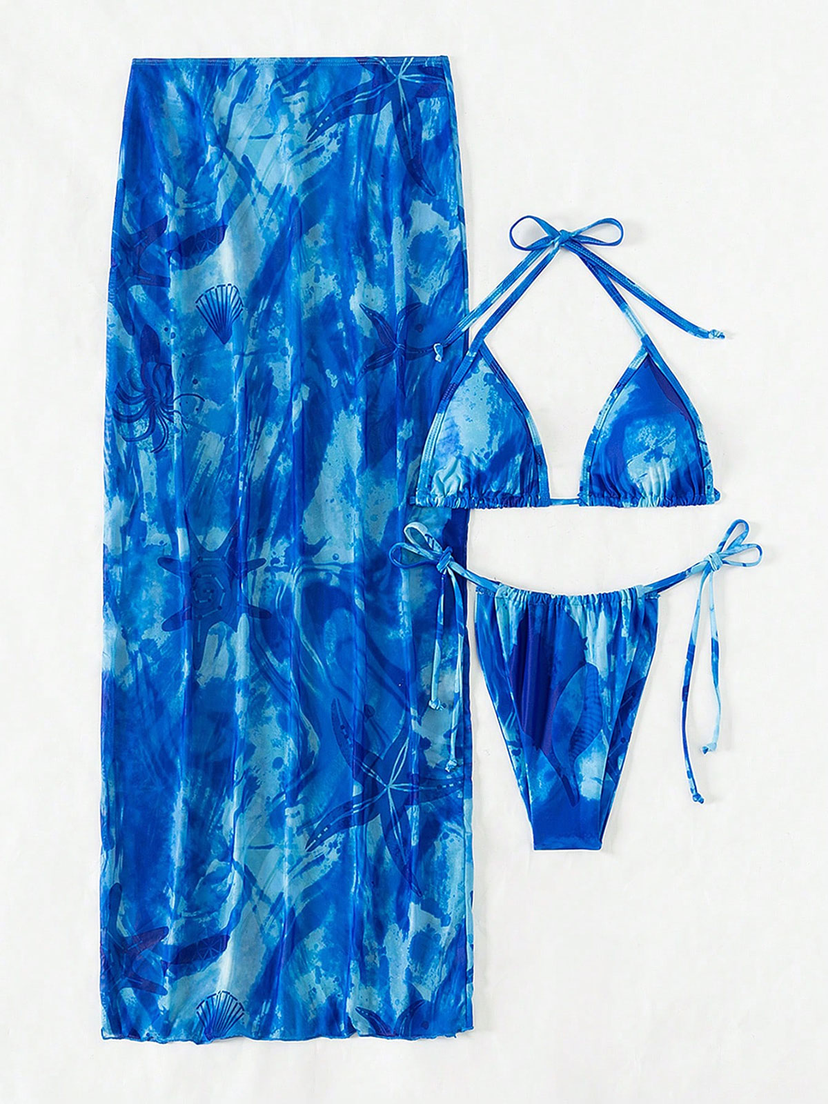 Polyester Tie Dye Long Skirt Bikini Three-Piece Set For Women Blue Bikinis - SAMIOLSWIM