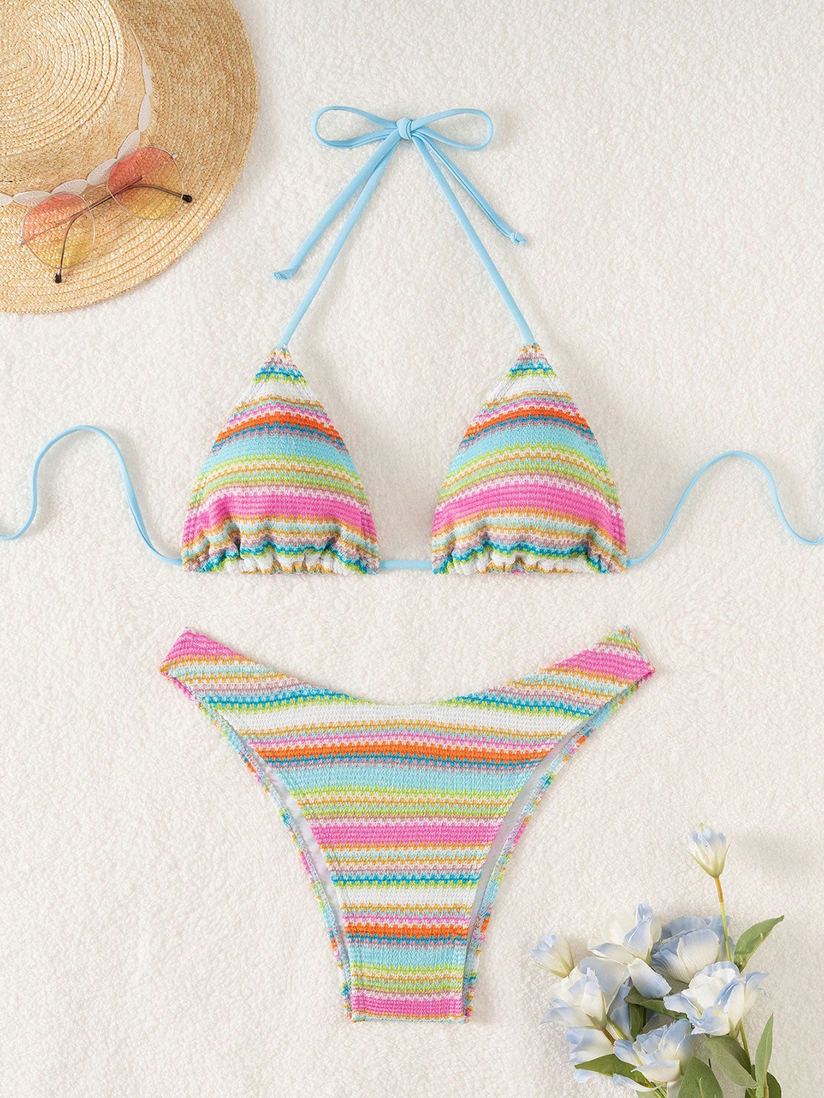 Polyester Wide Rainbow Strip Bikini Set For Women Rainbow Stripes Bikinis - SAMIOLSWIM