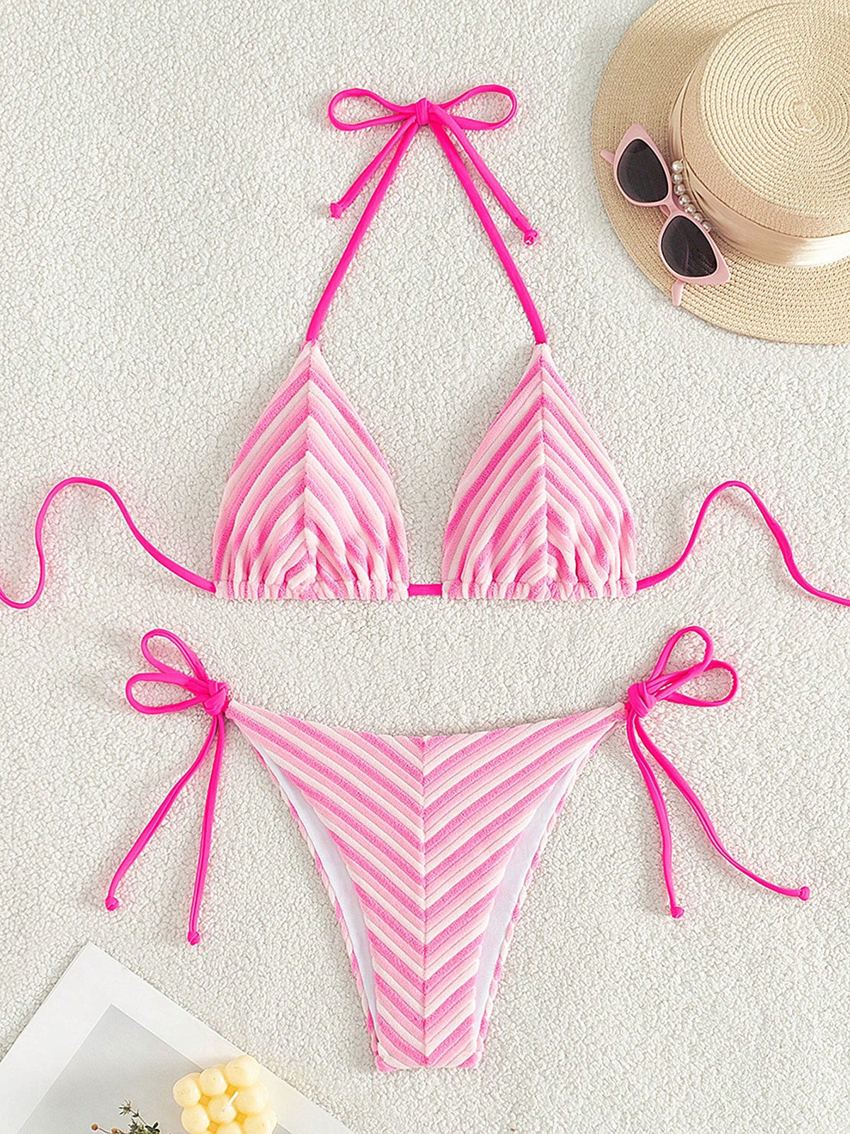 Rainbow Strip Halter Triangle Bikini Set Bikinis - SAMIOLSWIM