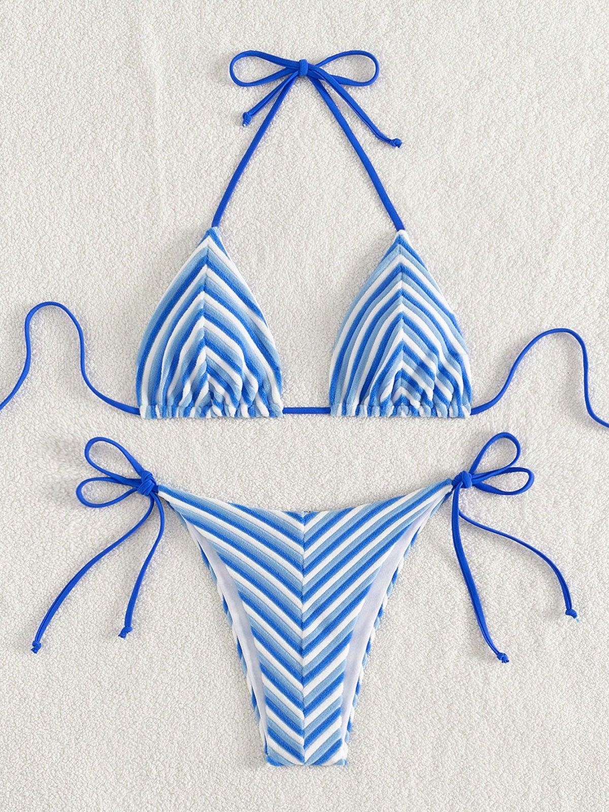 Rainbow Strip Halter Triangle Bikini Set Blue Bikinis - SAMIOLSWIM