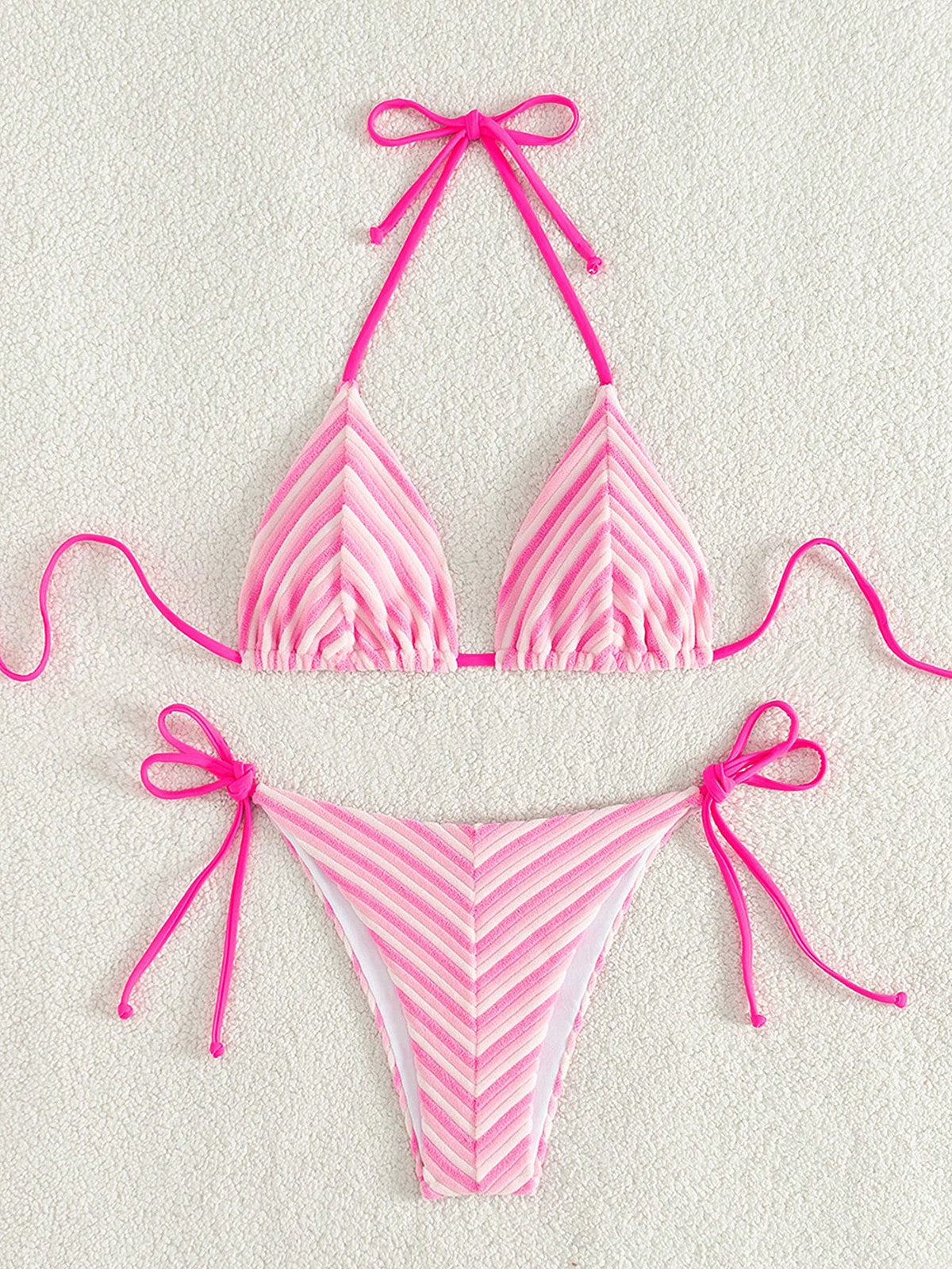 Rainbow Strip Halter Triangle Bikini Set Pink Bikinis - SAMIOLSWIM