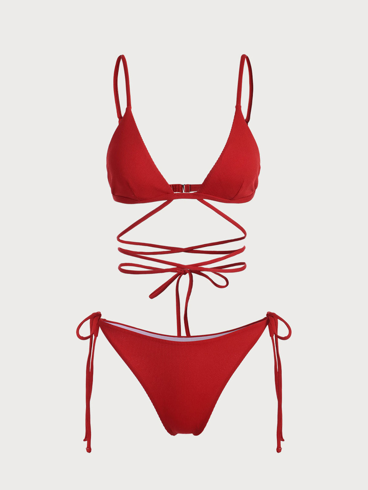 Red Textured Criss-Cross Ribbed Bikini Set