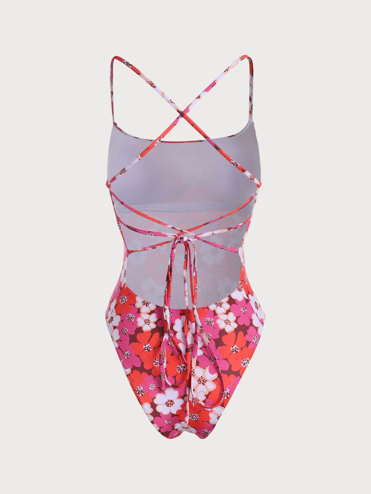 Red Floral Criss-cross One-Pieces Swimwear