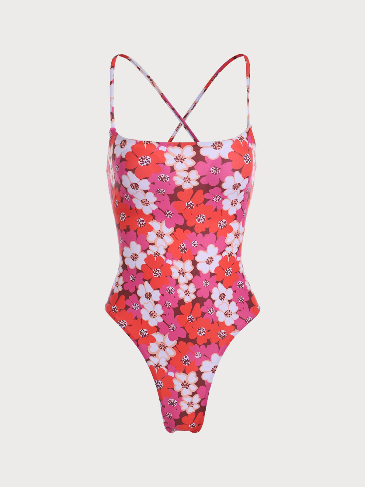 Red Floral Criss-cross One-Pieces Swimwear