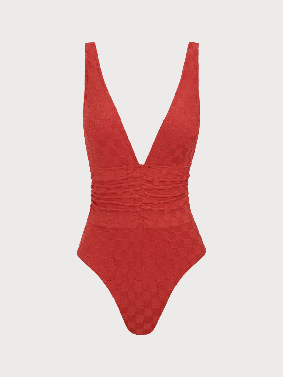 Red Ruched V-Neck One-Piece Swimsuit