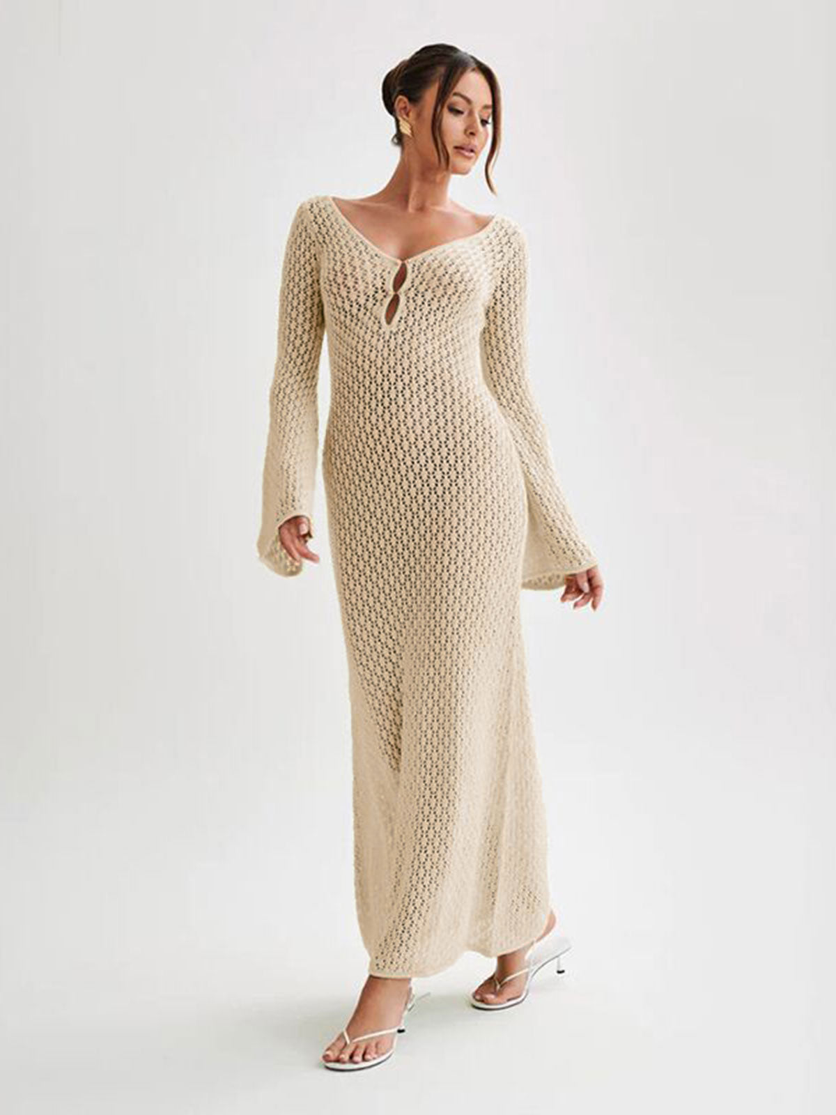 Beige Crochet Long Sleeve Cut Out Cover-up