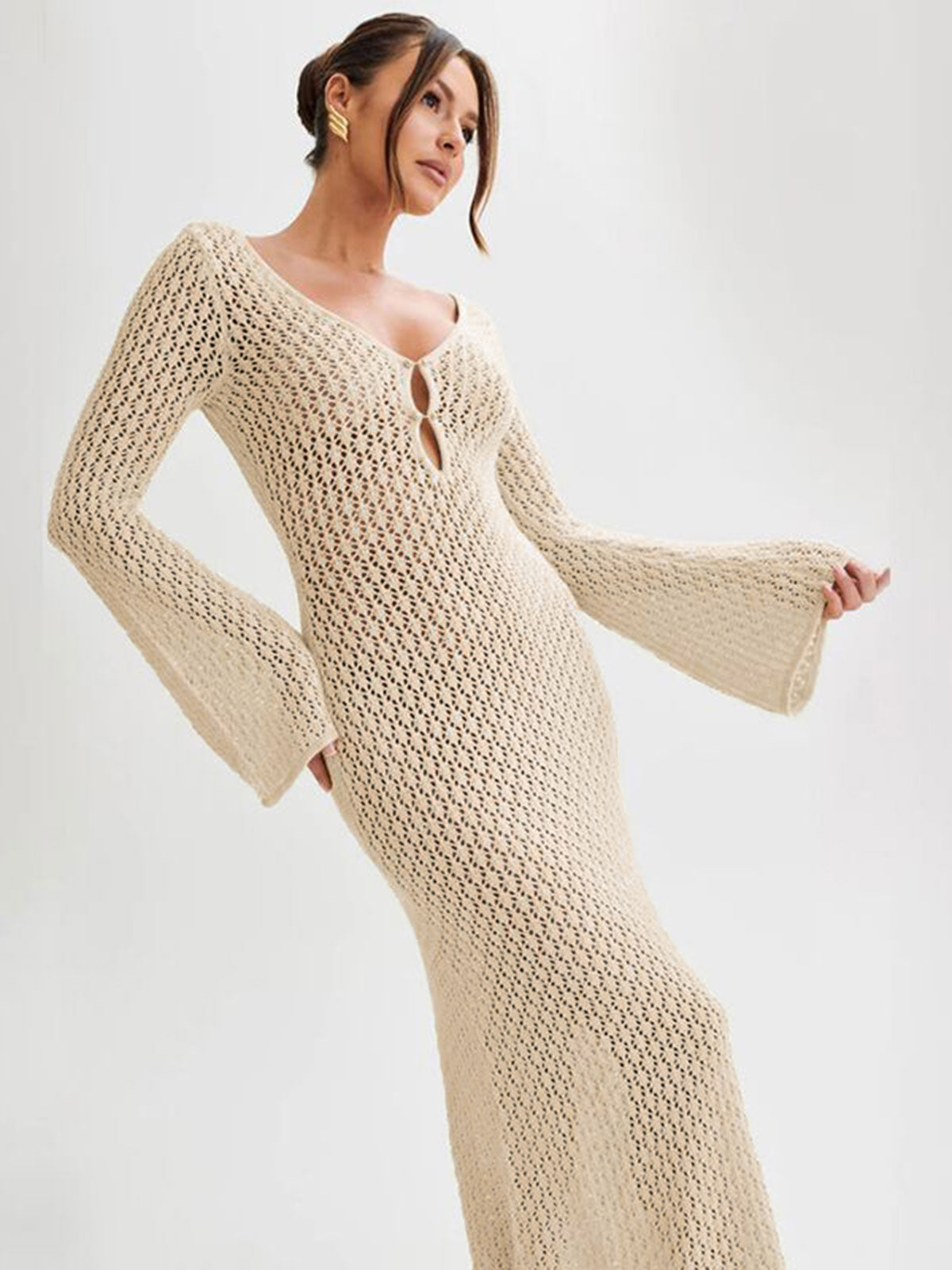 Beige Crochet Long Sleeve Cut Out Cover-up