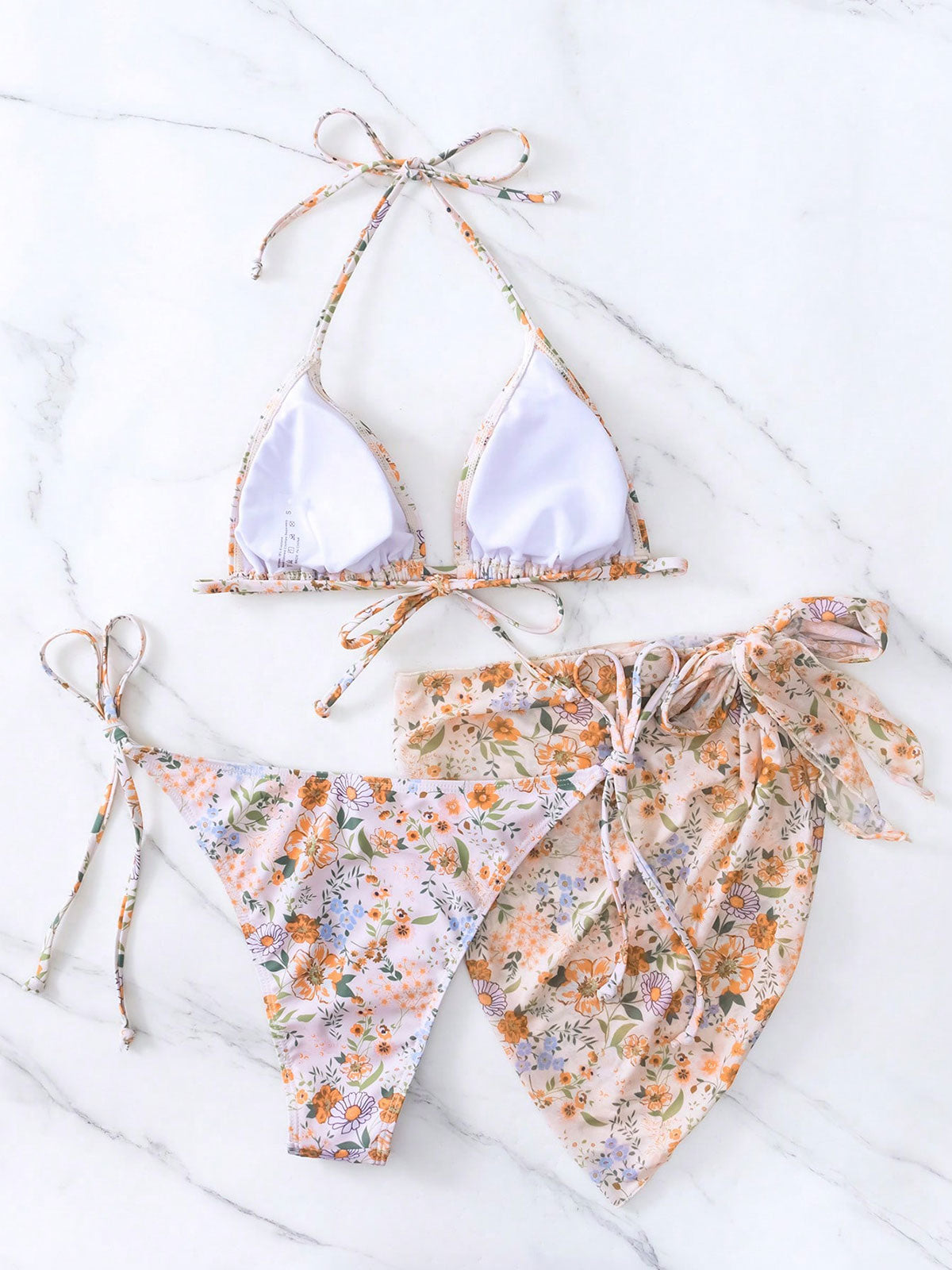 Women'S Polyester Floral Bikini Three-Piece Set Bikinis - SAMIOLSWIM