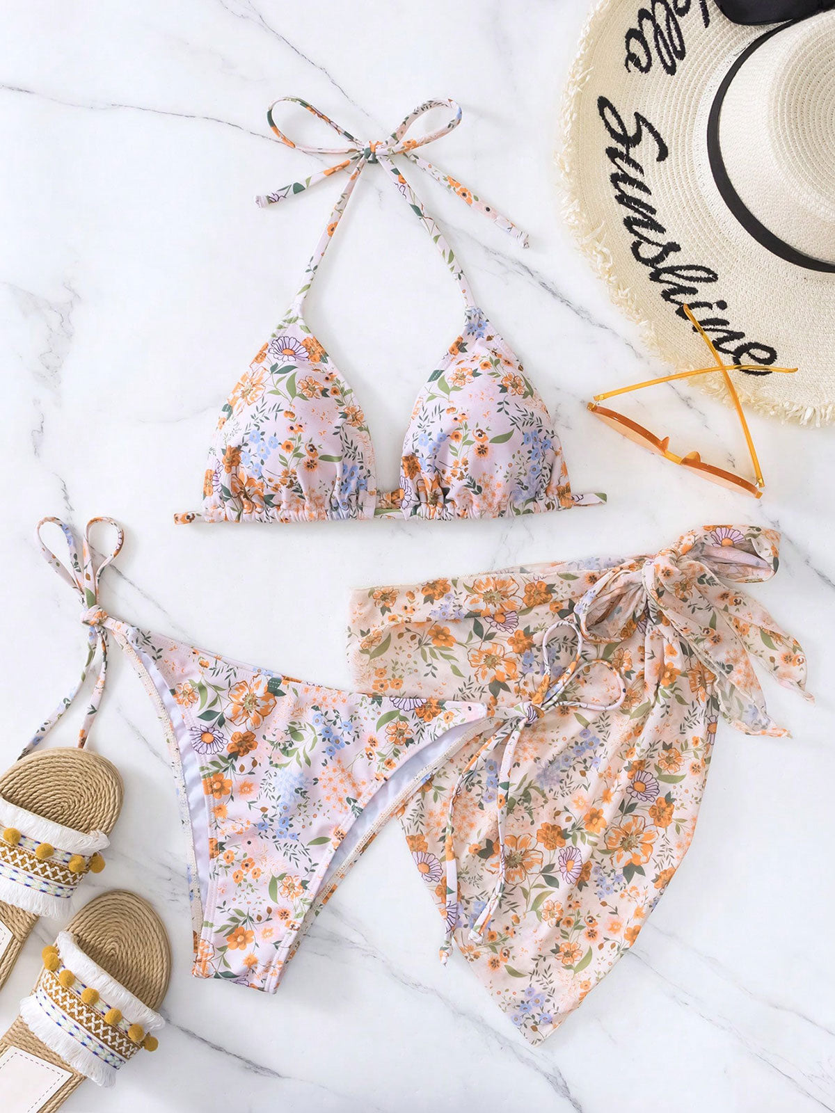 Women'S Polyester Floral Bikini Three-Piece Set Bikinis - SAMIOLSWIM