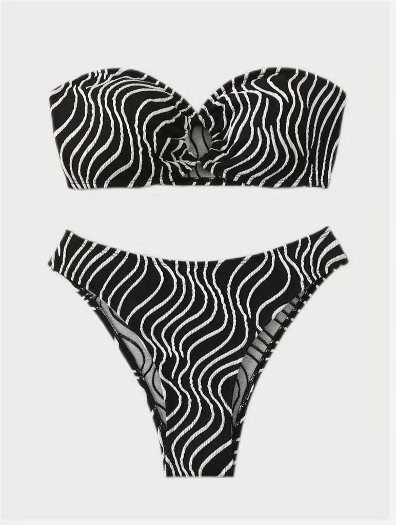 Women'S Polyester Knit Contrast Textured Bikini Set Black Bikinis - SAMIOLSWIM