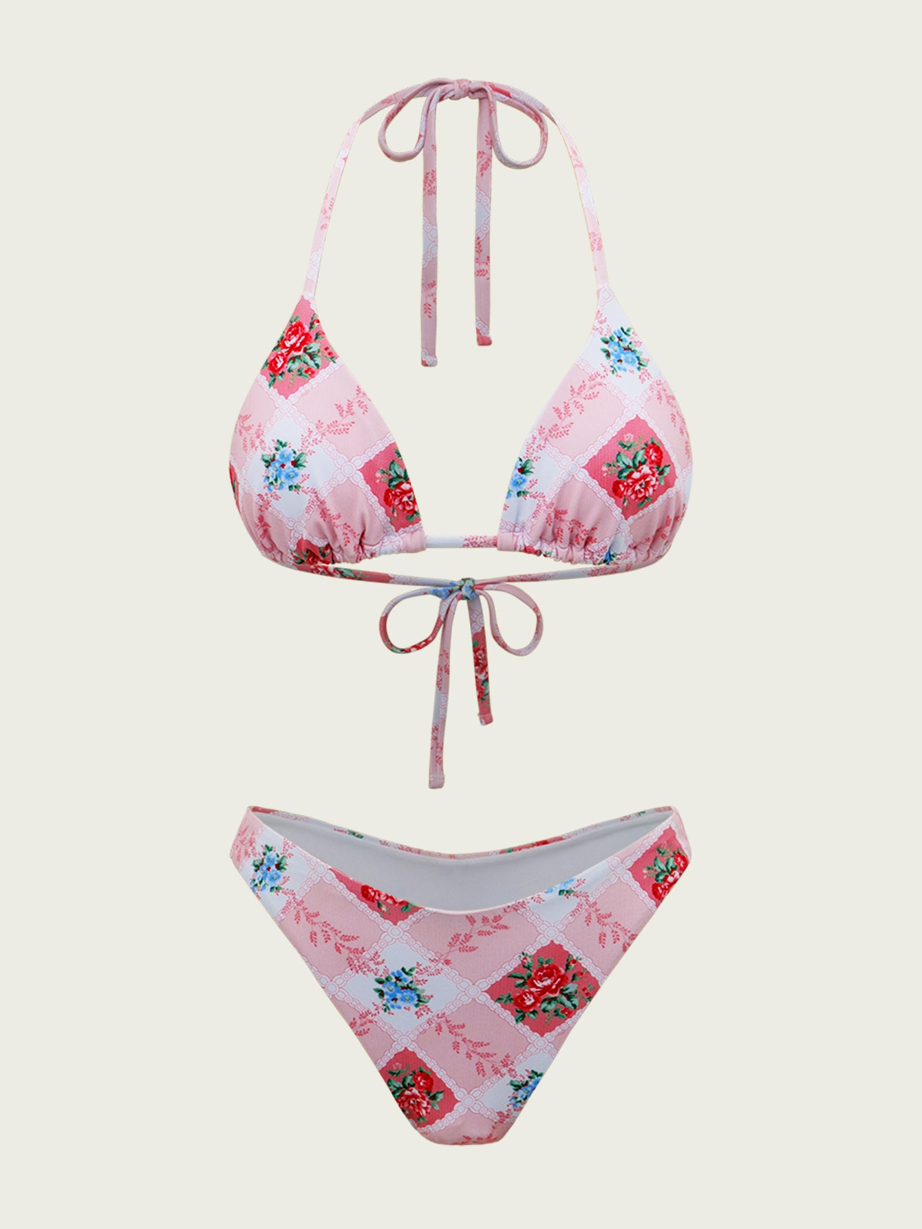 Women'S Polyester Knit Floral Bikini Set Pink Bikinis - SAMIOLSWIM