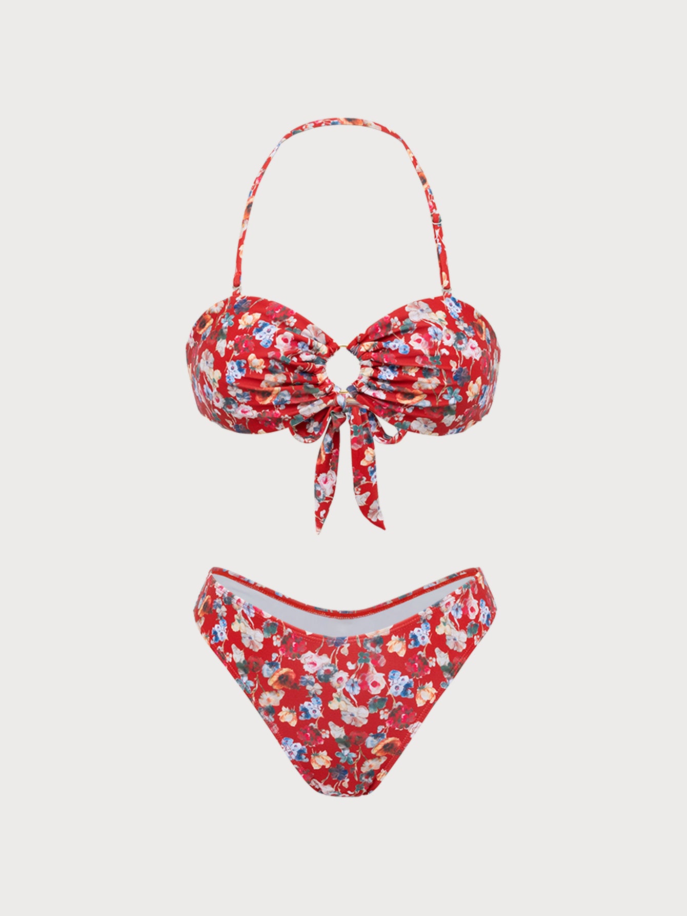 Women'S Polyester Knit Floral Print Bikini Set Red Bikinis - SAMIOLSWIM