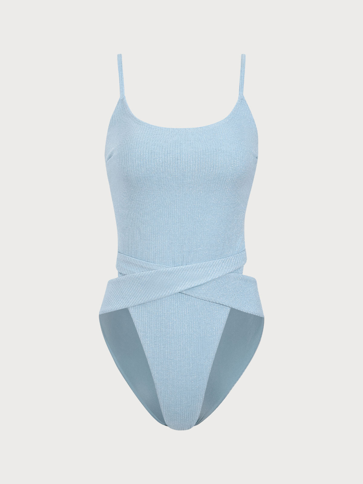 Women'S Polyester Knit Glitter Lace-Up One-Piece Swimsuit Light Blue One-Pieces - SAMIOLSWIM