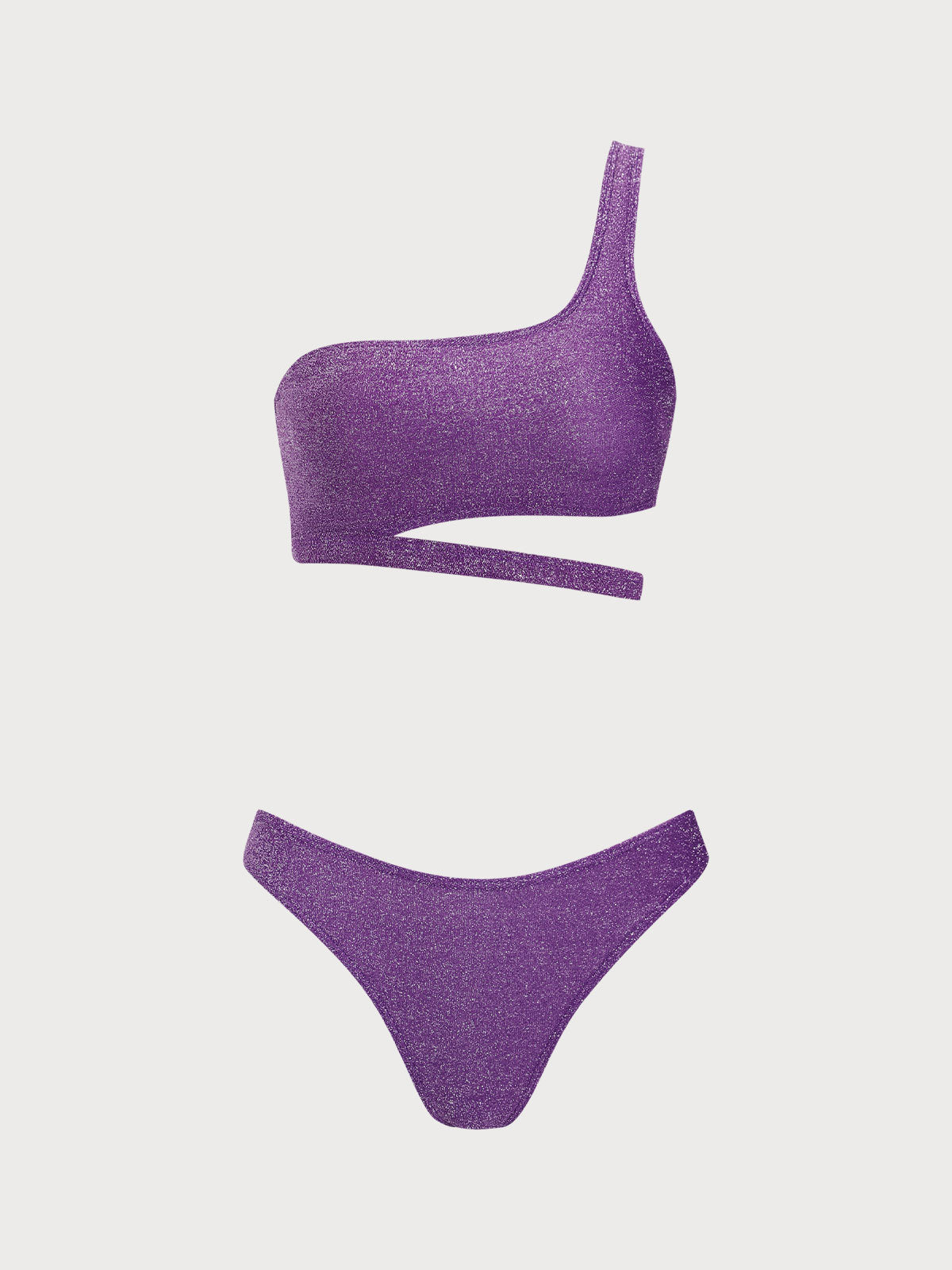 Purple Lurex One Cut Out Shoulder Bikini Set