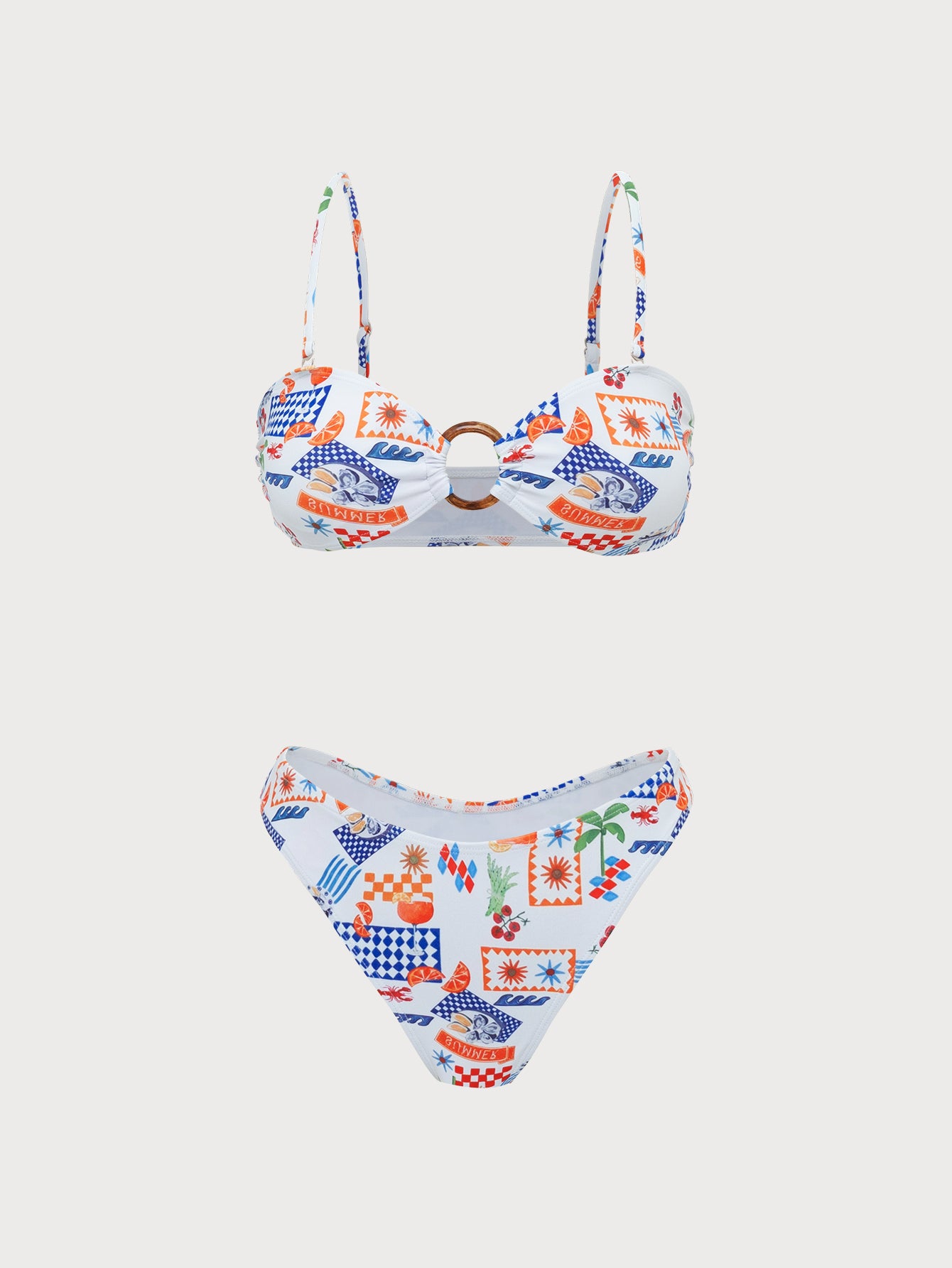 Women'S Polyester Knit Printed O-Ring Bikini Set White Bikinis - SAMIOLSWIM