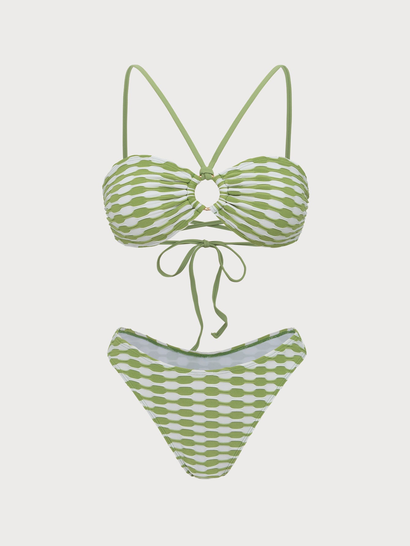 Women'S Polyester Knit Ring Contrast Bikini Set Green Bikinis - SAMIOLSWIM