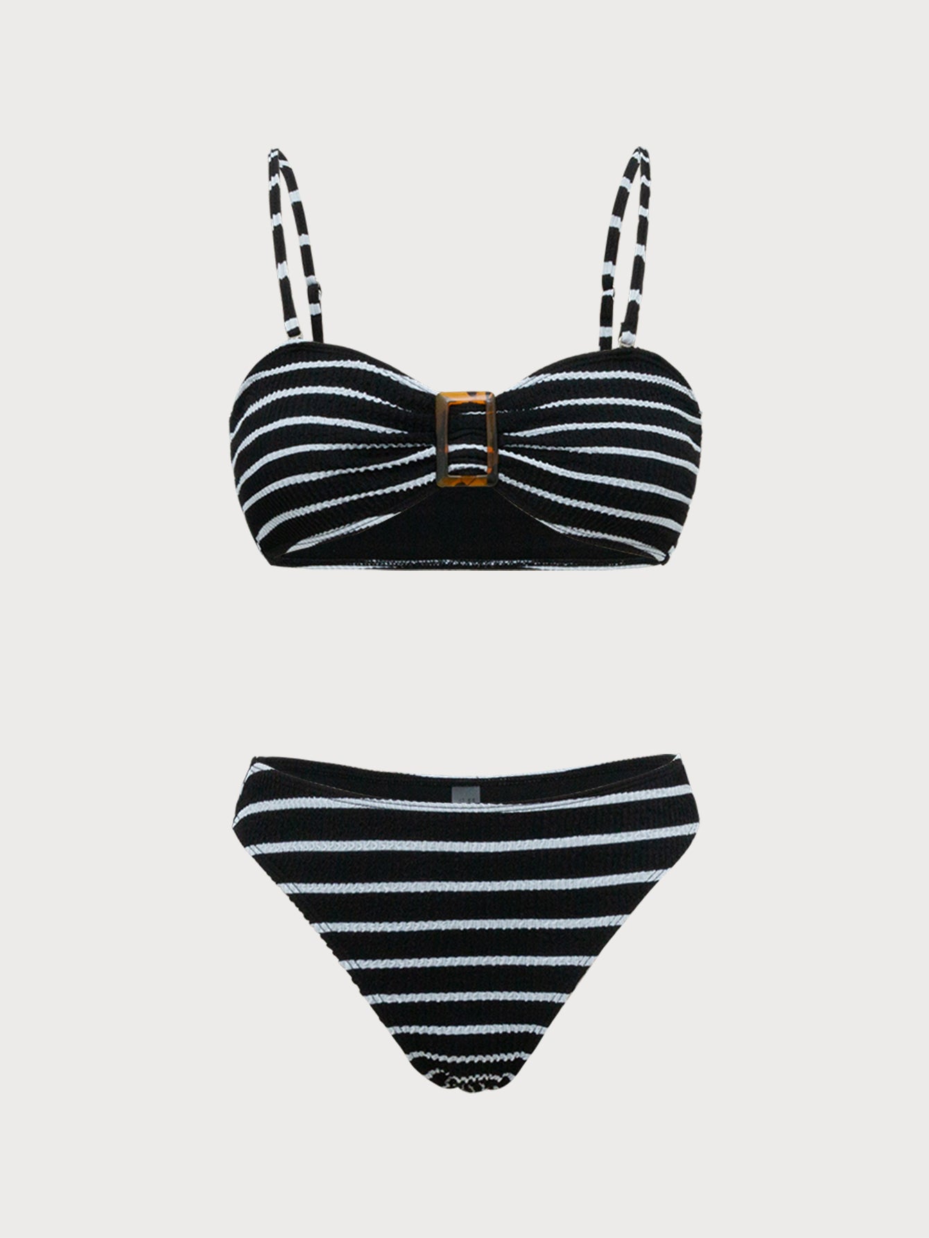 Women'S Polyester Knit Ruched Striped Bikini Set Black Bikinis - SAMIOLSWIM