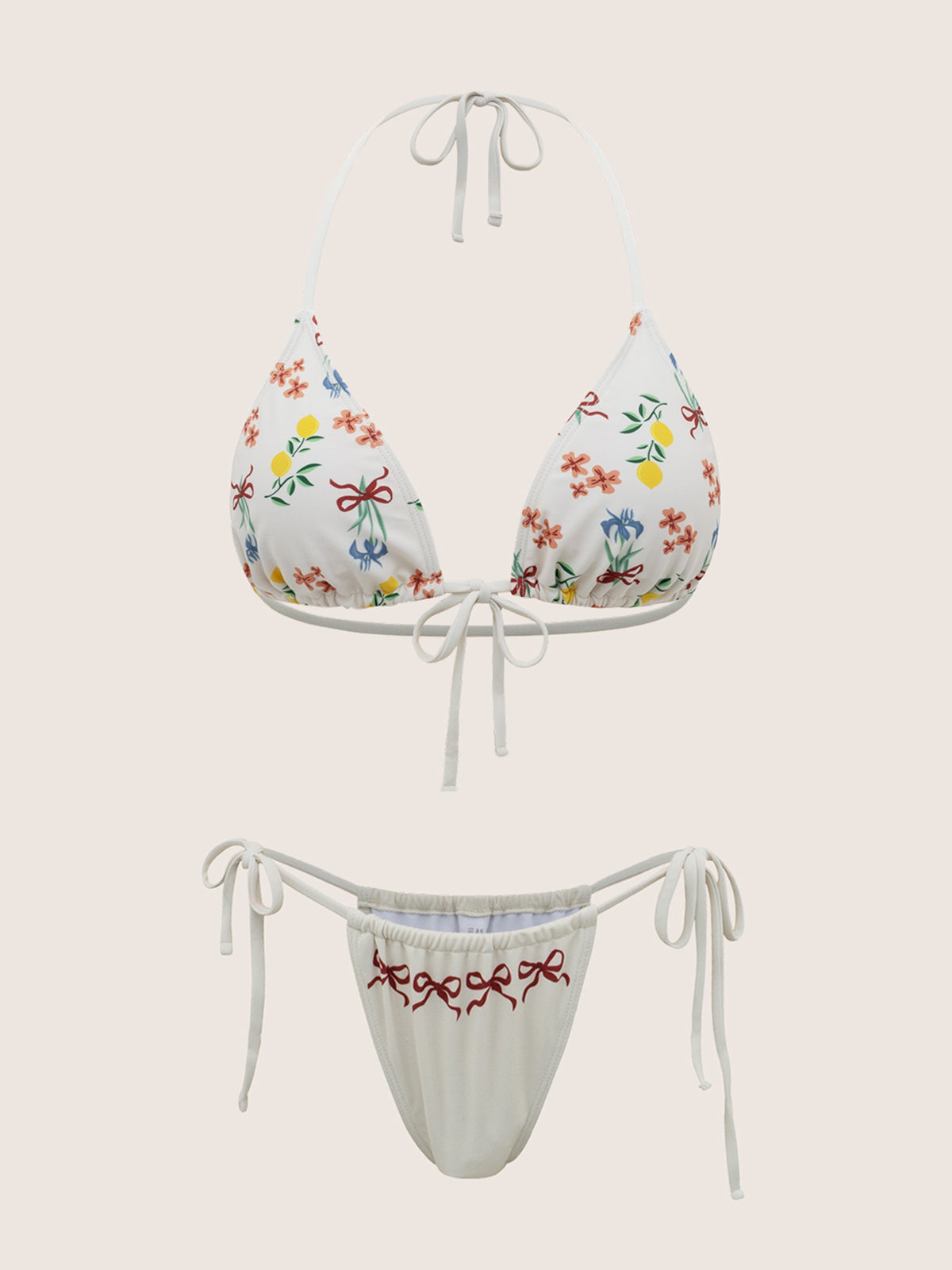 Beige Butterfly Print Halter Bikini Set