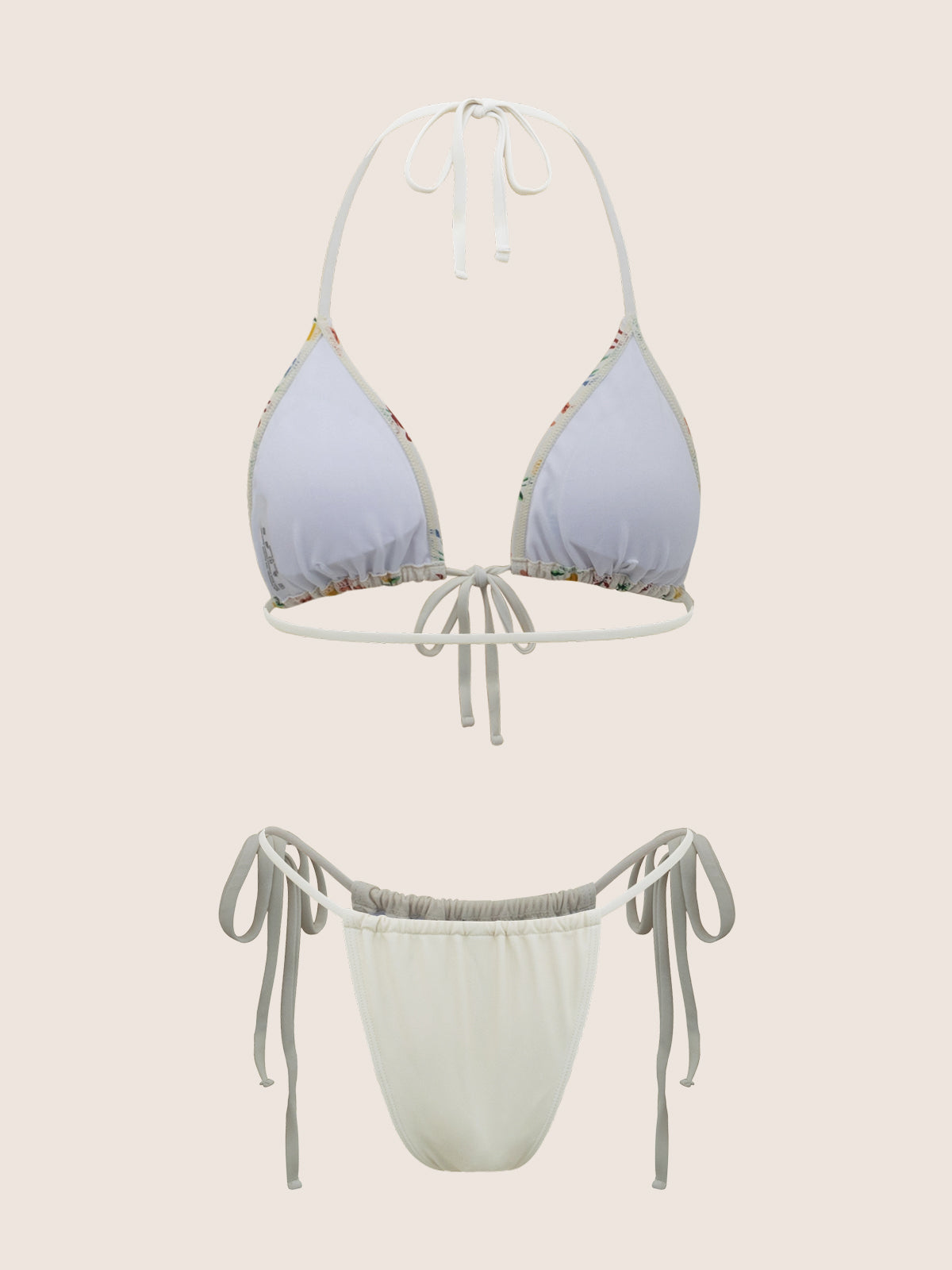 Beige Butterfly Print Halter Bikini Set