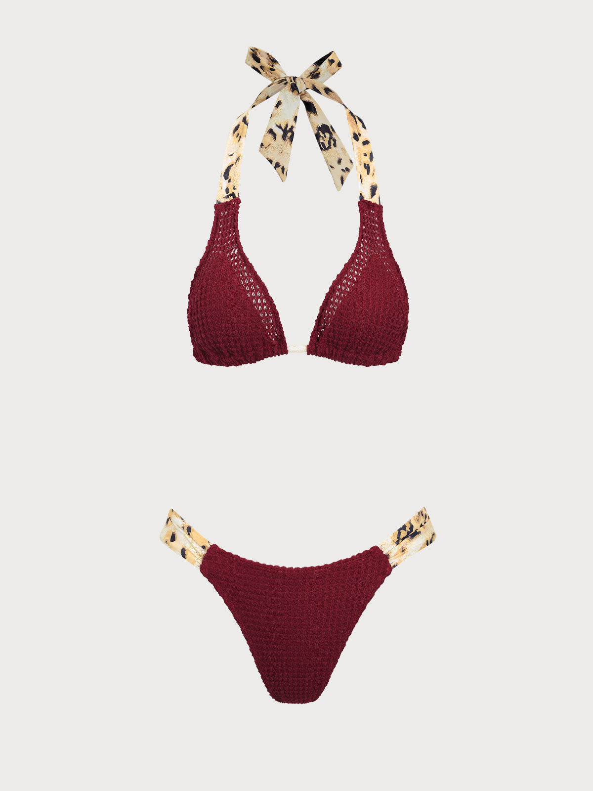 Women'S Polyester Knitted Crochet Contrasting Leopard Print Bikini Set Burgundy Bikinis - SAMIOLSWIM