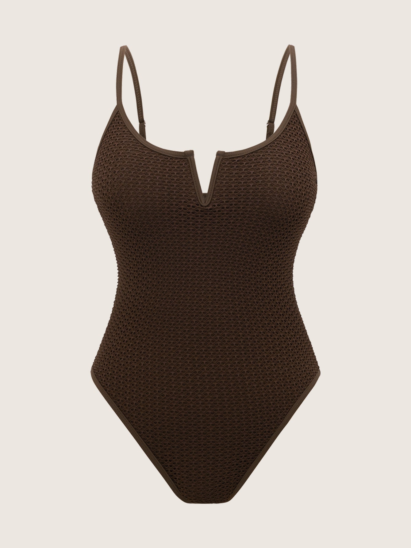 Women'S Polyester Knitted Crochet V-Notch One-Piece Swimsuit Coffee One-Pieces - SAMIOLSWIM