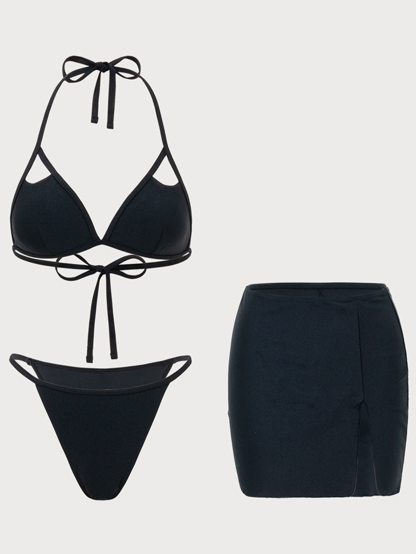 Women'S Polyester Knitted Cutout Three Piece Bikini Set Black Bikinis - SAMIOLSWIM