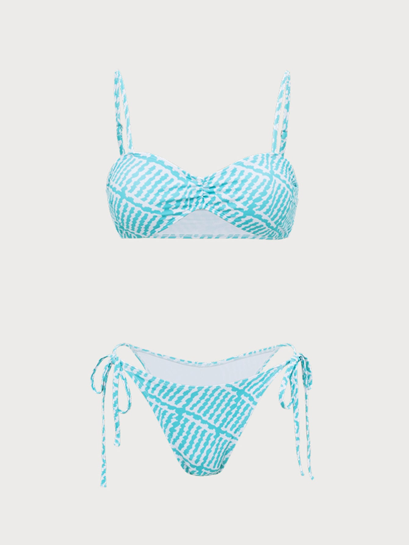 Women'S Polyester Knitted Geometric Print Ruched Bikini Set Light Blue Bikinis - SAMIOLSWIM