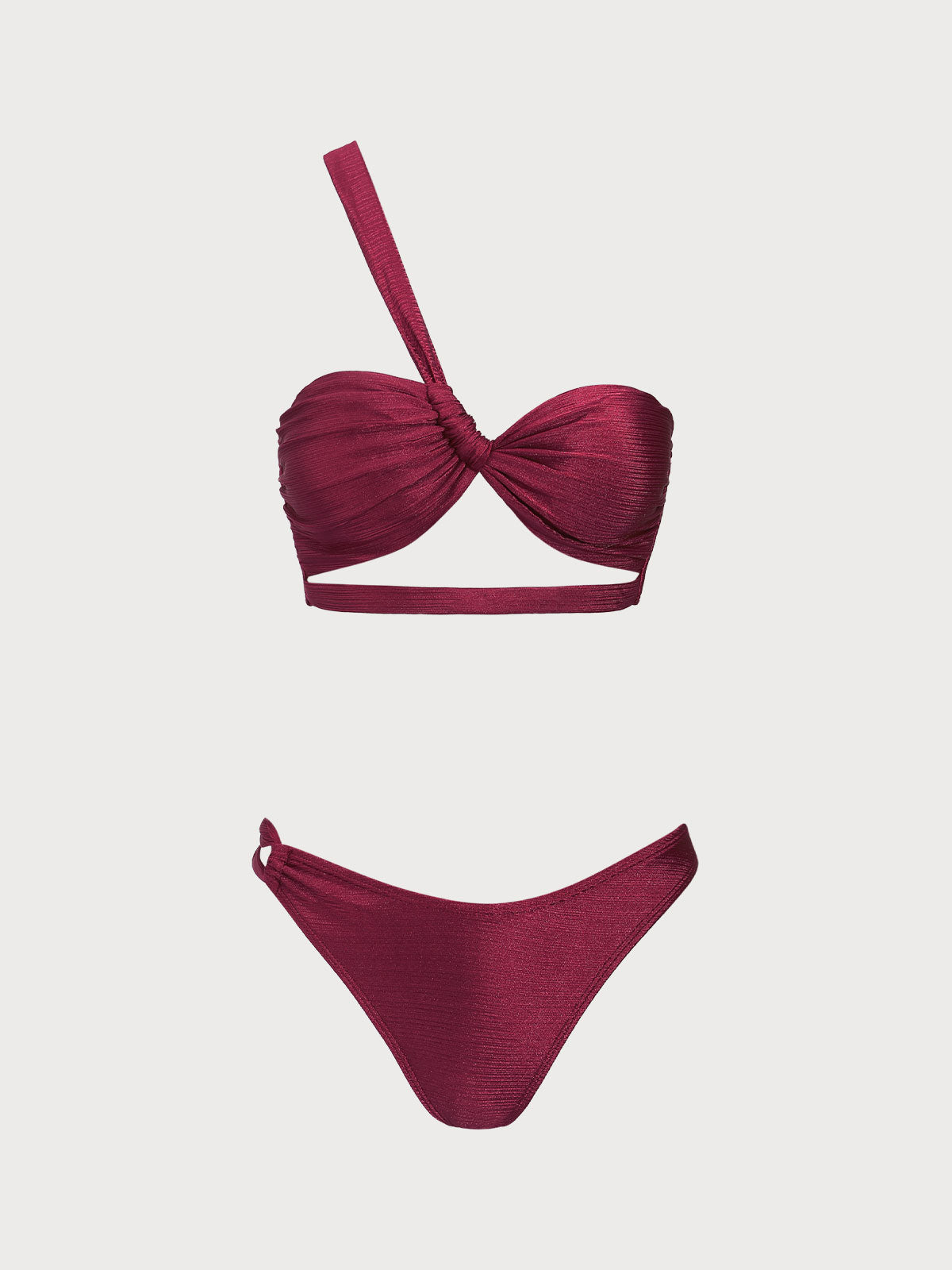 Women'S Polyester Knitted One Shoulder Cutout Bikini Set Burgundy Bikinis - SAMIOLSWIM