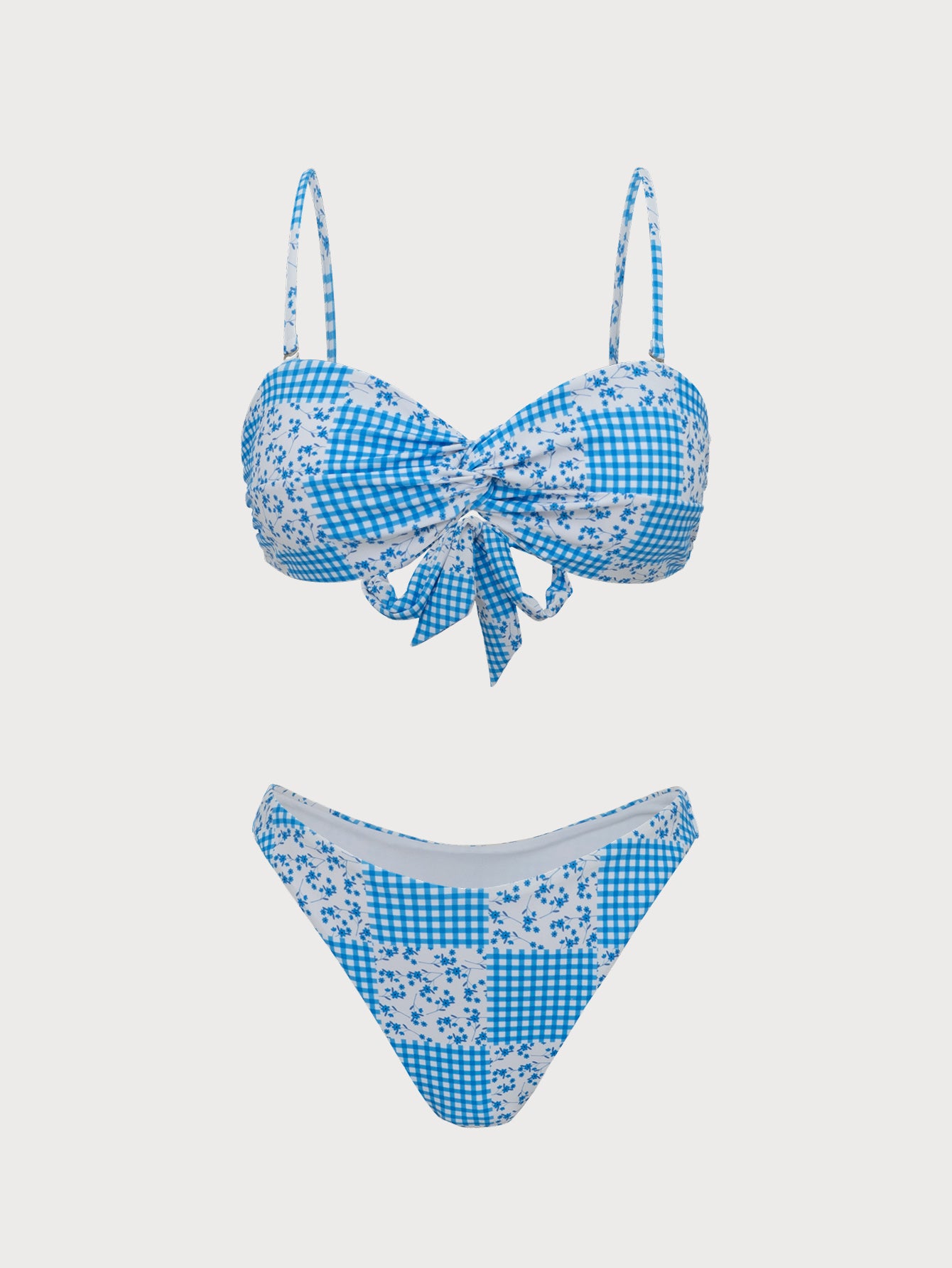 Women'S Polyester Knitted Plaid Floral Print Twist Bikini Set Blue Bikinis - SAMIOLSWIM