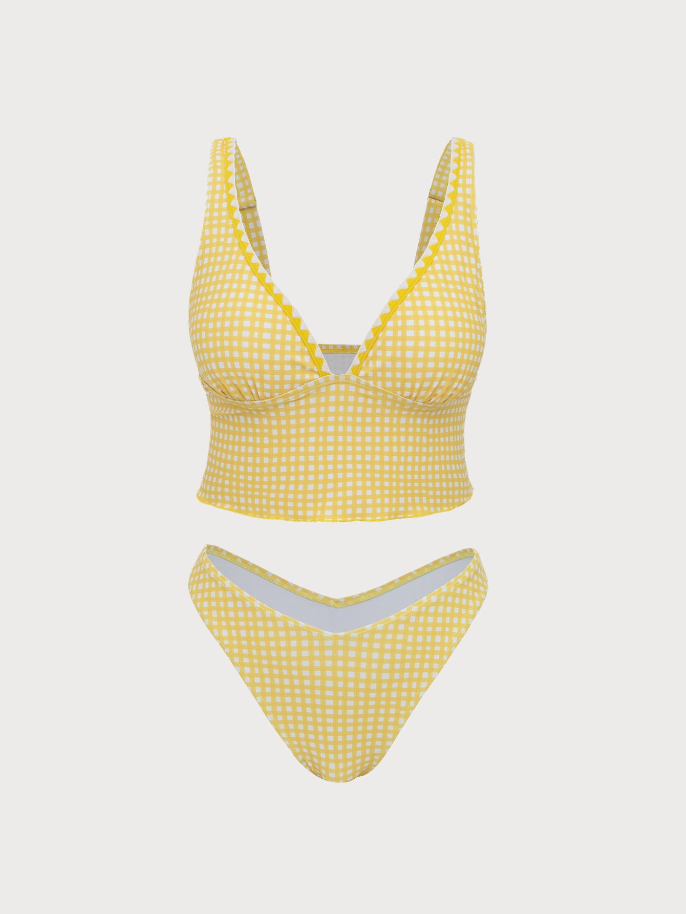 Women'S Polyester Knitted Plaid Kini Swimsuit Yellow Tankinis - SAMIOLSWIM