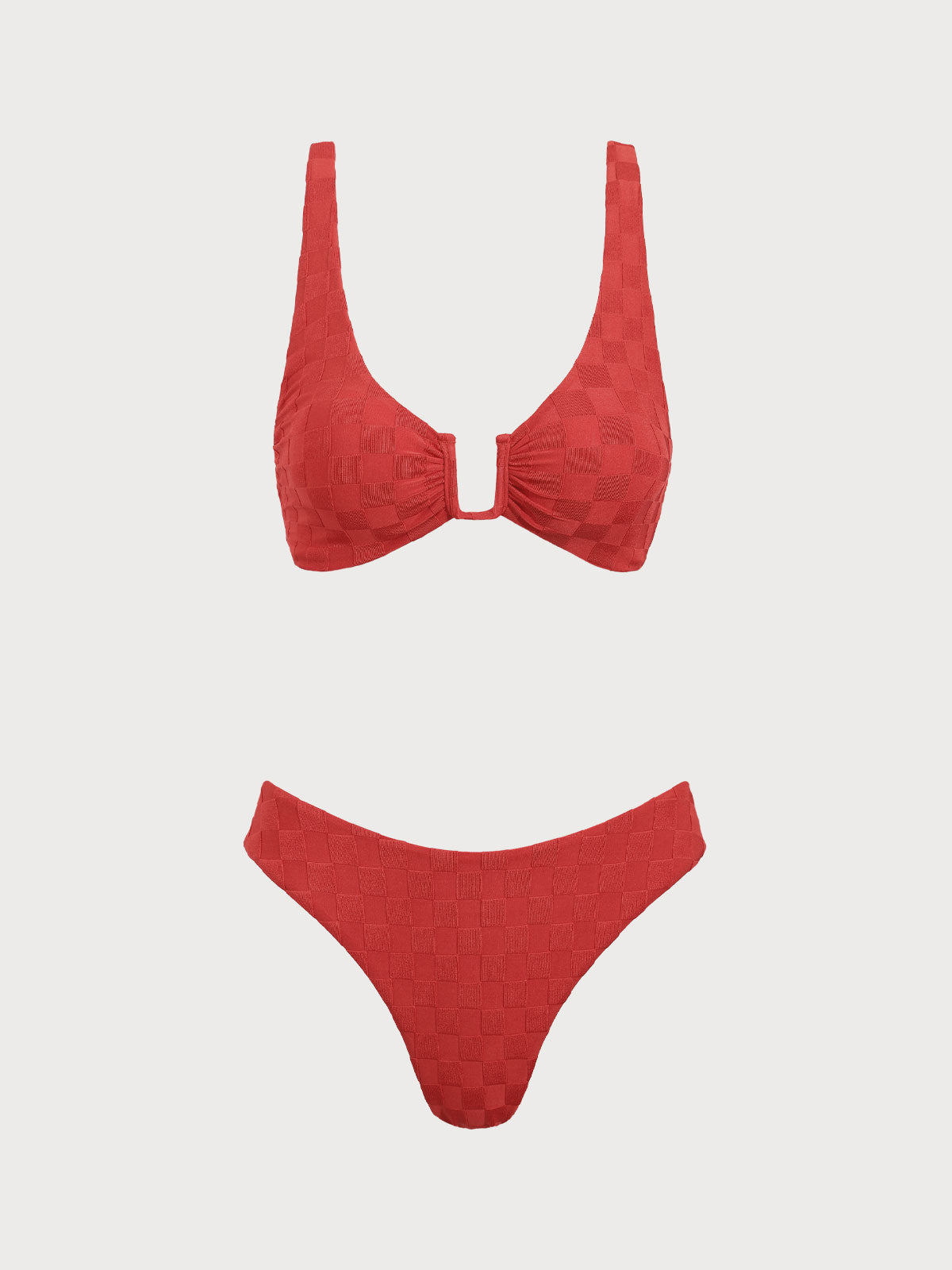 Red Textured U-Shaped Bikini Set