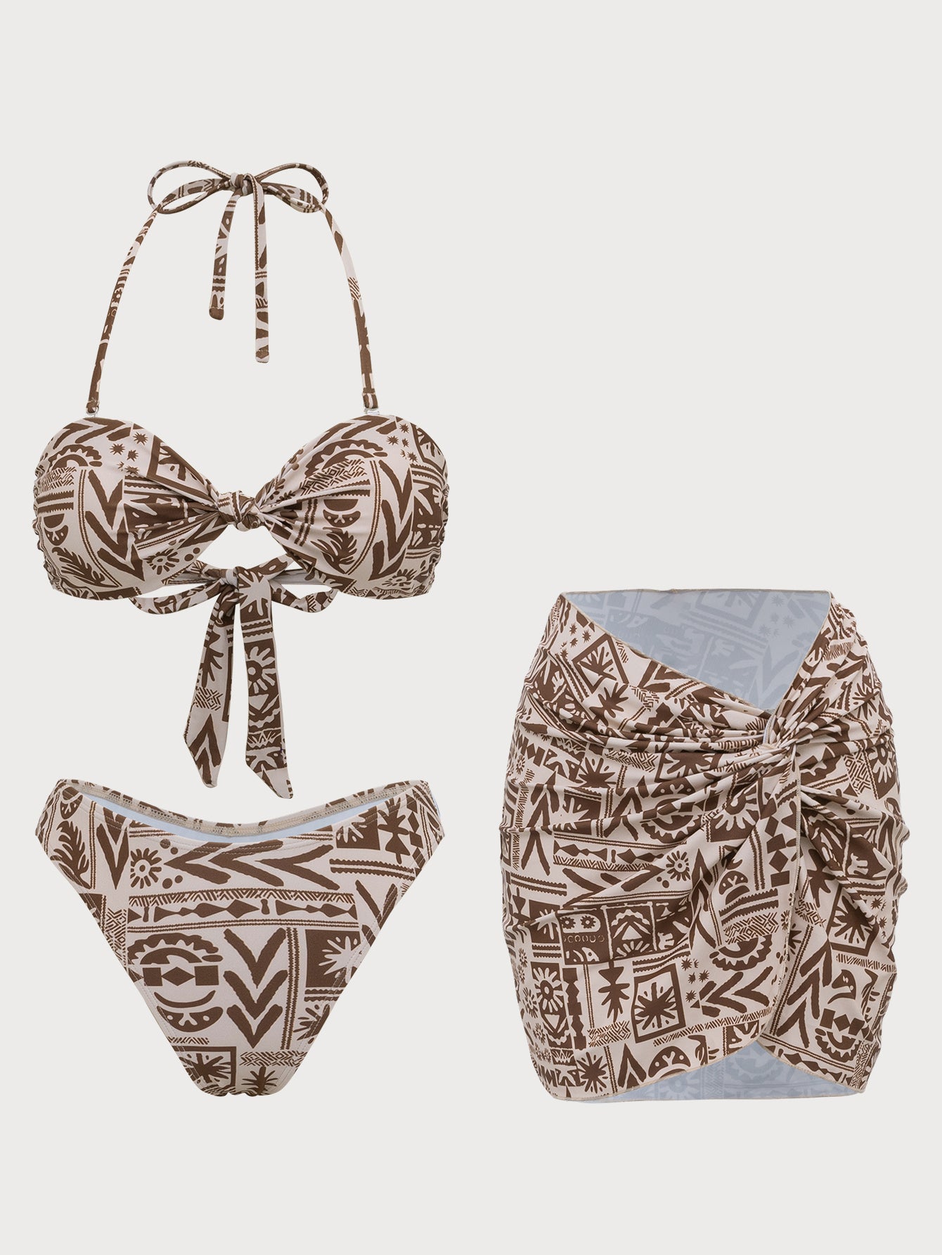 Women'S Polyester Knitted Printed Bikini Three-Piece Set Brown Bikinis - SAMIOLSWIM