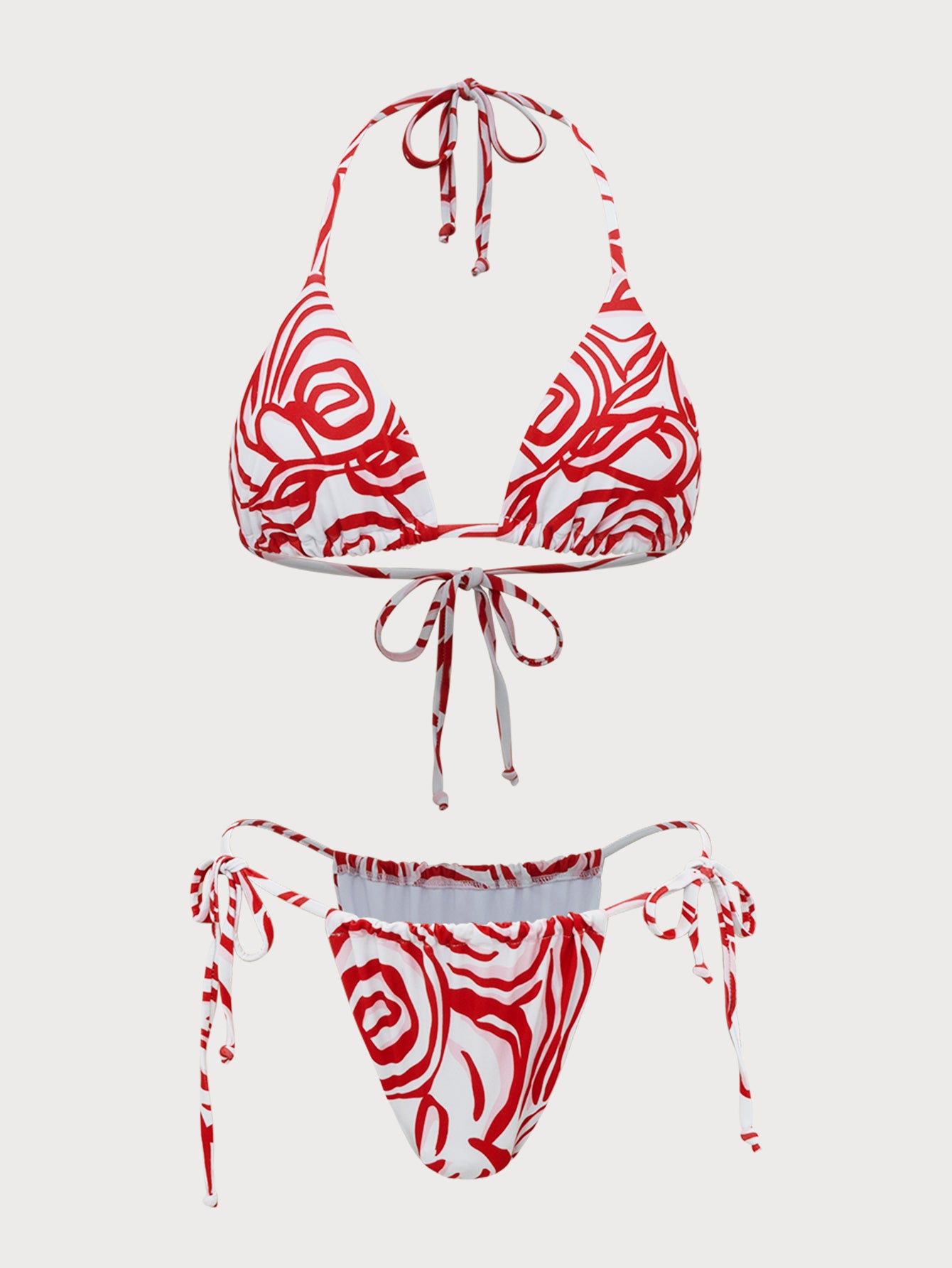 Women'S Polyester Knitted Rose Print Bikini Set Red Bikinis - SAMIOLSWIM