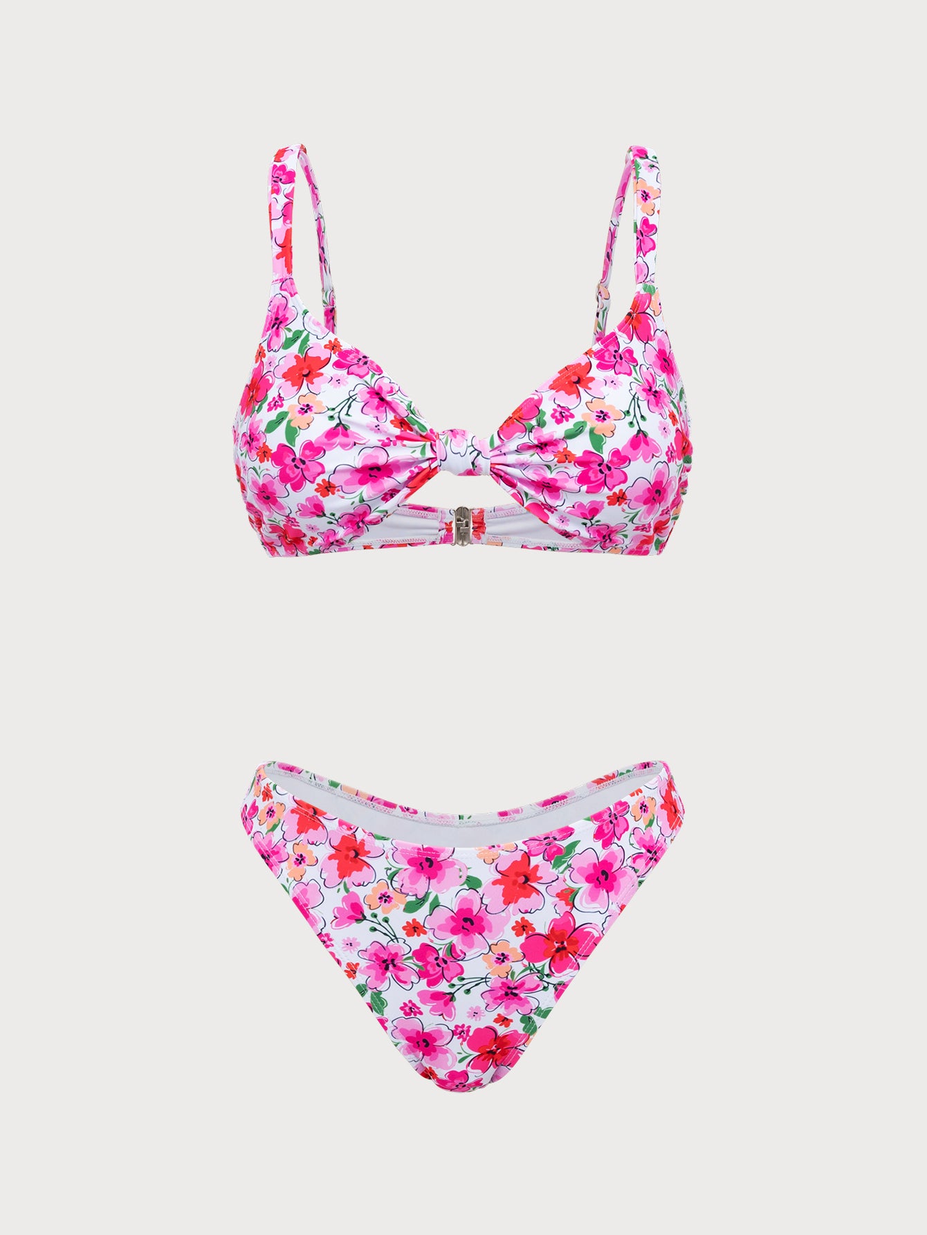 Women'S Polyester Knitted Twist Floral Bikini Set Pink Bikinis - SAMIOLSWIM