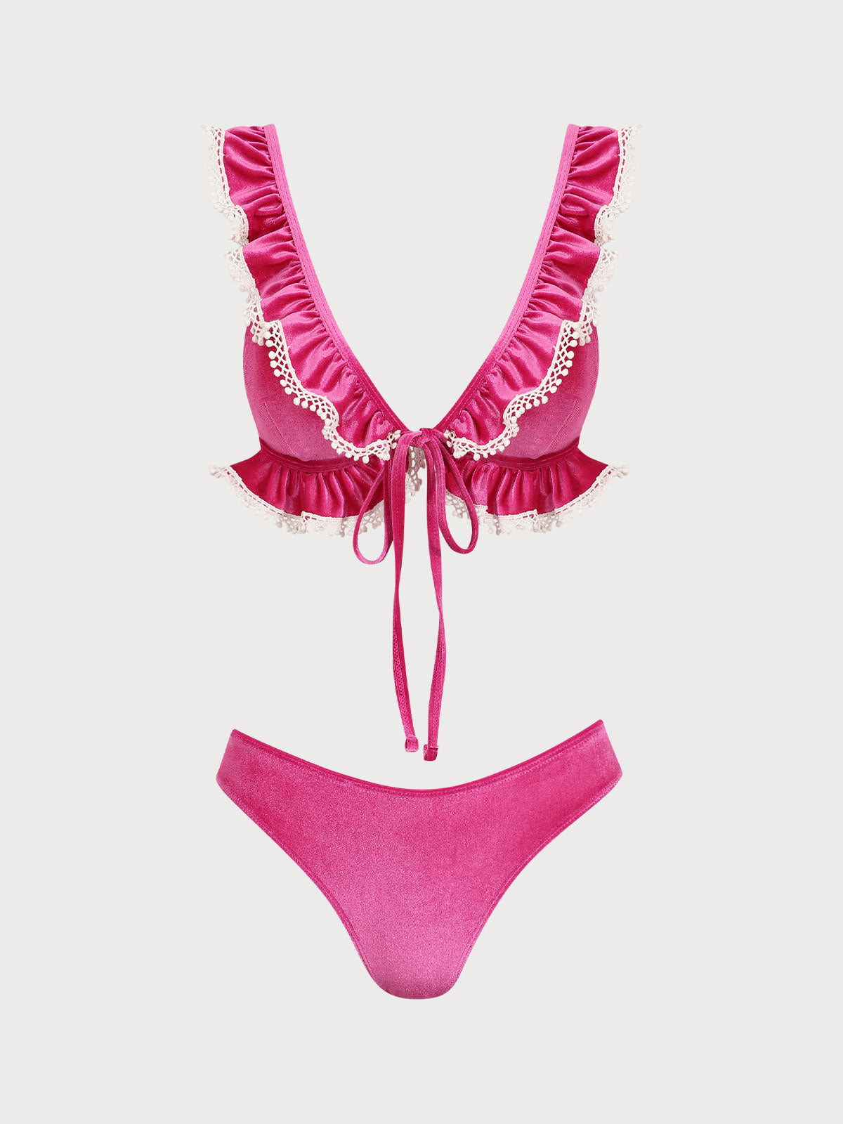 Women'S Polyester Knitted Velvet Ruffle Bikini Set Pink Bikinis - SAMIOLSWIM