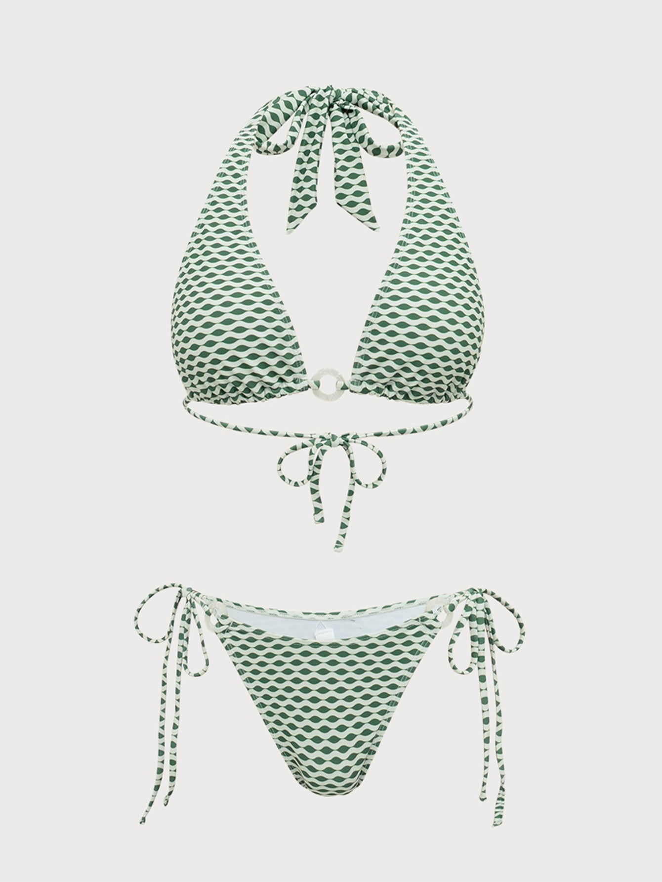 Women'S Polyester Knitted Wave Print Hoop Bikini Set Green Bikinis - SAMIOLSWIM