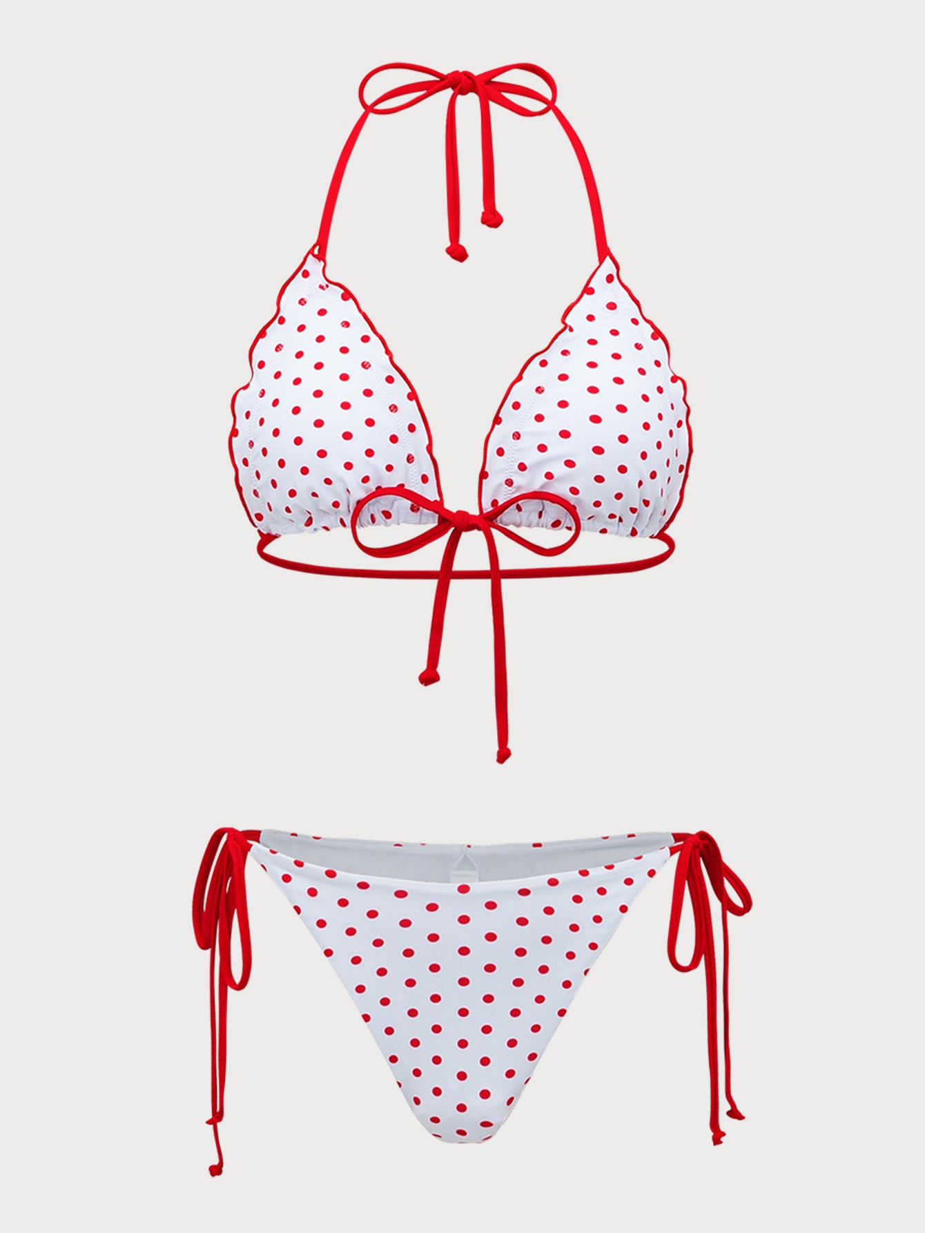 Women'S Polyester Knitted Wavy Edge Polka Dot Bikini Set Red Bikinis - SAMIOLSWIM