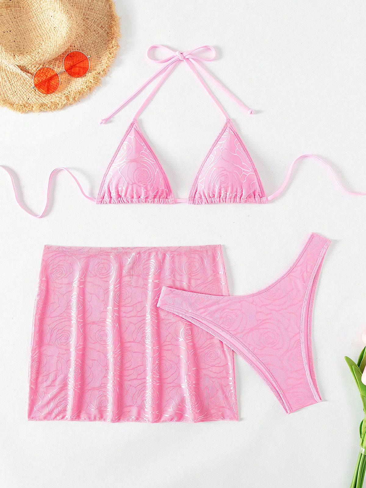 Women'S Polyester Mesh Rose Bikini Three-Piece Set Bikinis - SAMIOLSWIM