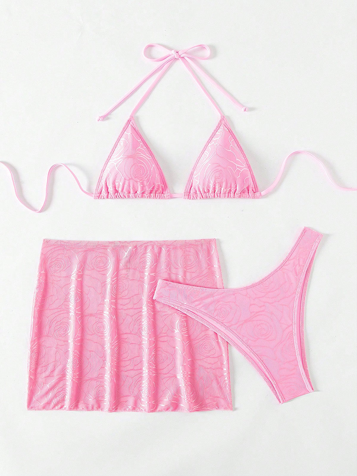 Women'S Polyester Mesh Rose Bikini Three-Piece Set Pink Bikinis - SAMIOLSWIM