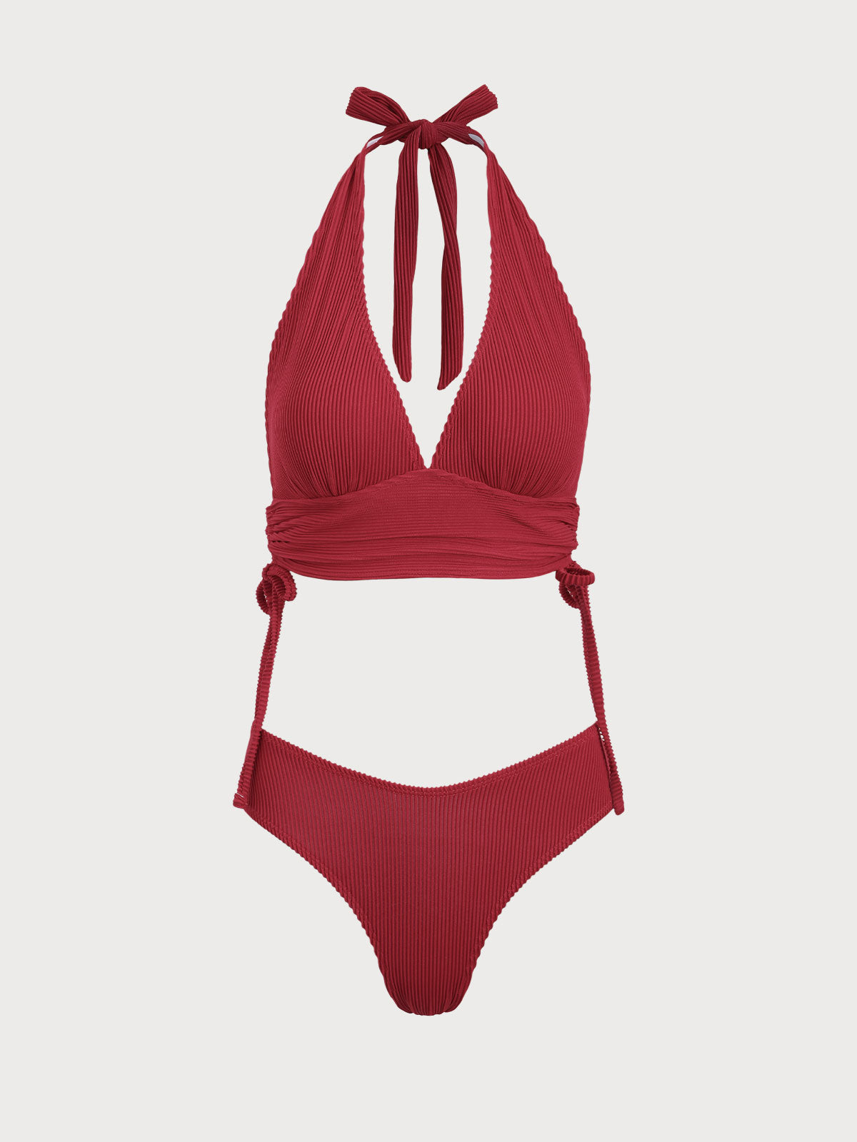 Red Backless Halter Ribbed Tankini