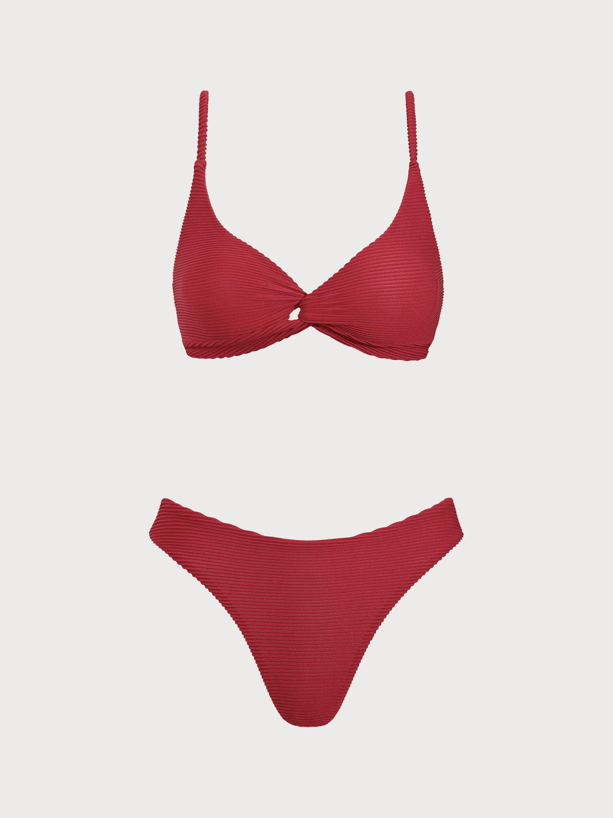 Red Textured U Neck Twist Bikini Set