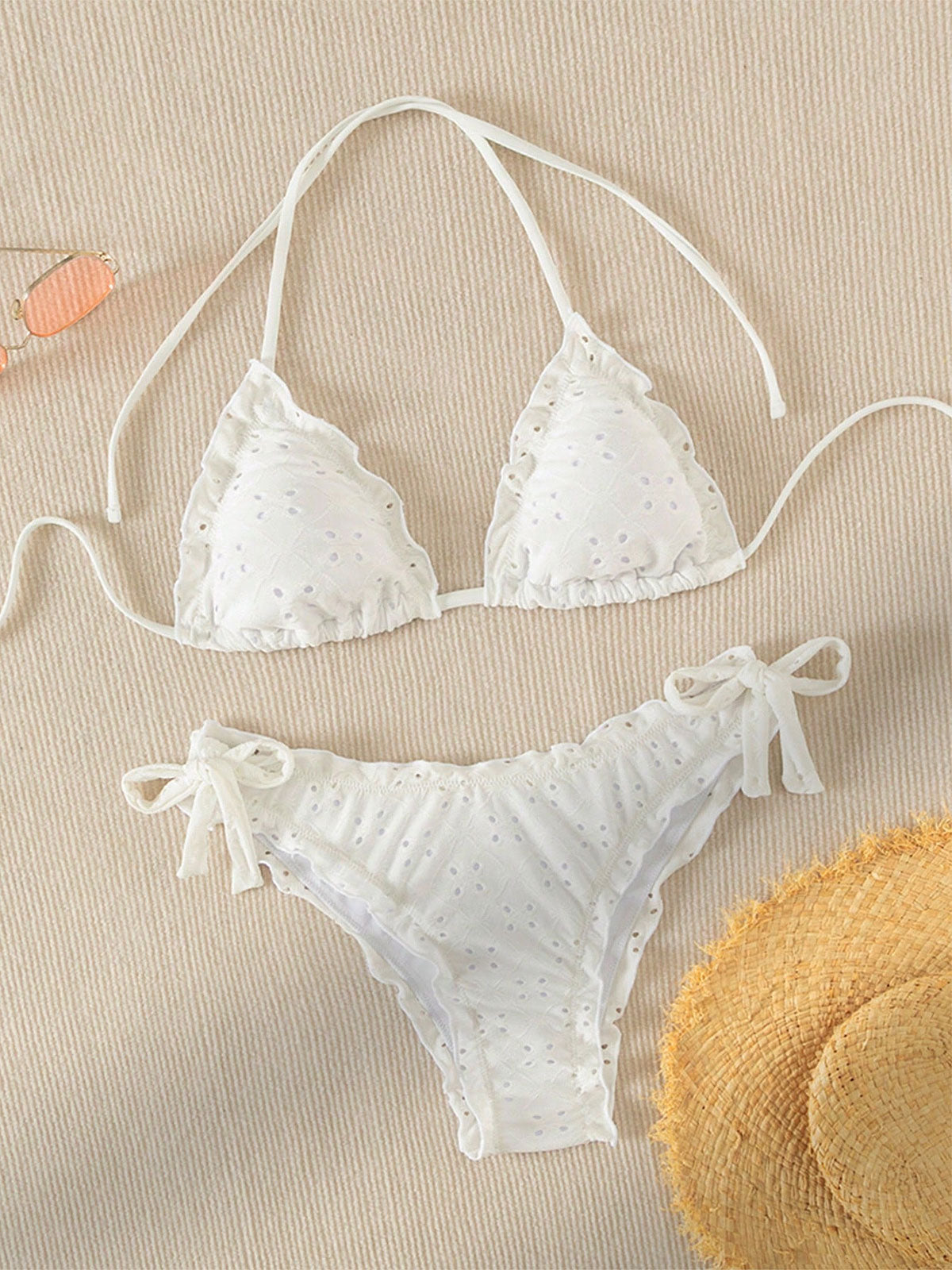 Women'S Woven Polyester Bikini Set With Wavy Hem White Bikinis - SAMIOLSWIM