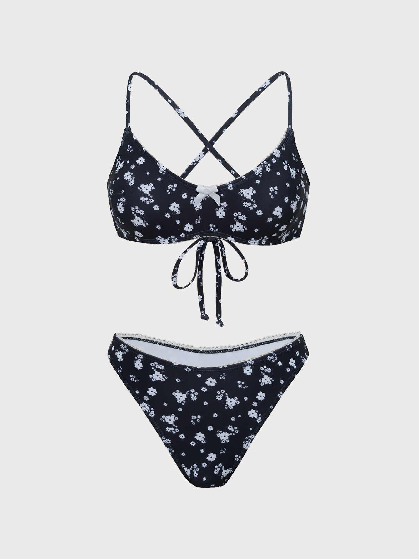 Women's Polyester Knitted Floral Print Contrast Bikini Set Black Bikinis - SAMIOLSWIM